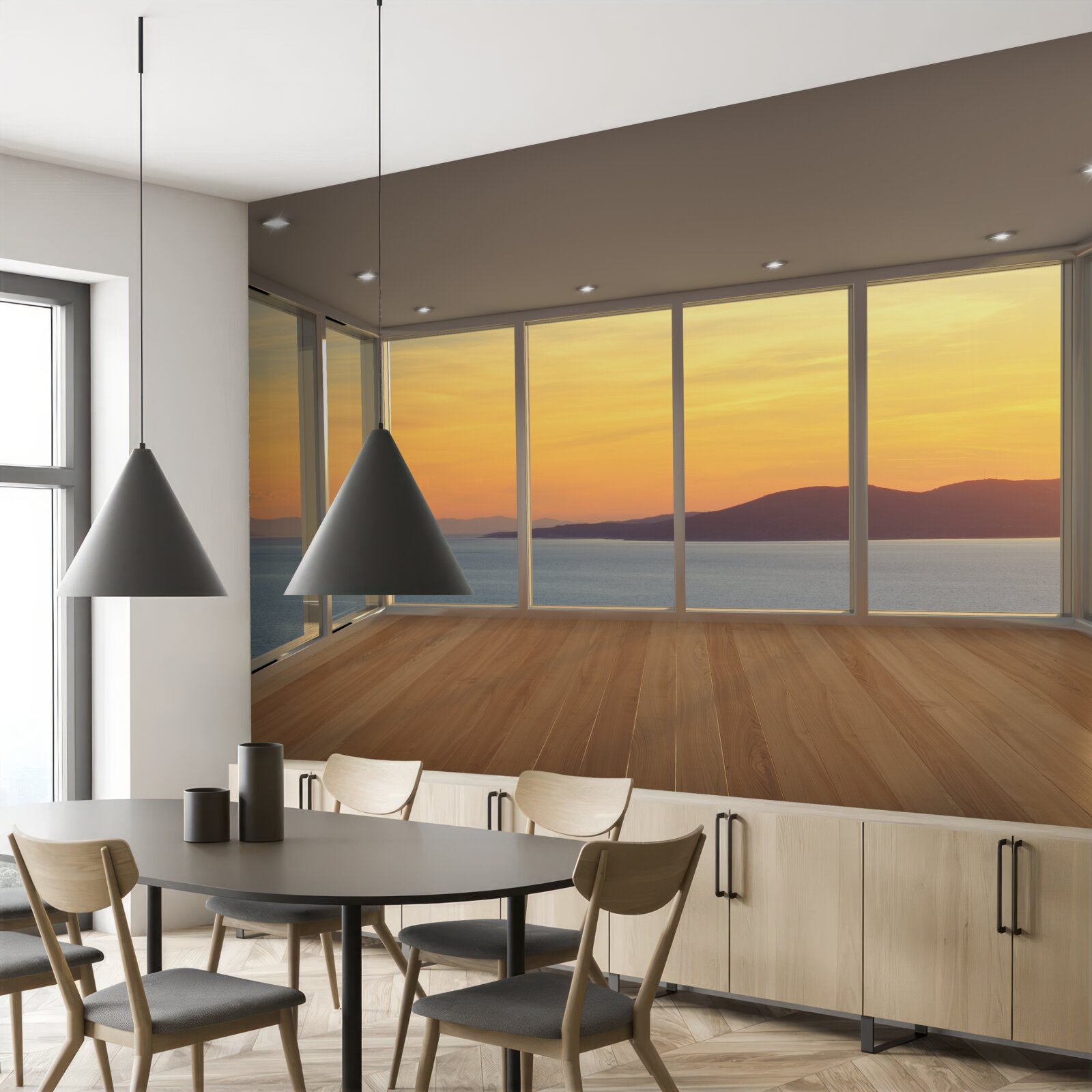 Fototapet peisaj incredibil de frumos de apus de soare și mare de la ferestre panoramice