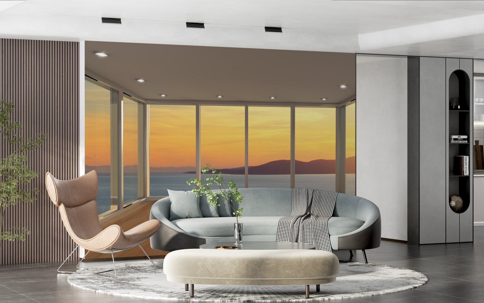 Fototapet peisaj incredibil de frumos de apus de soare și mare de la ferestre panoramice