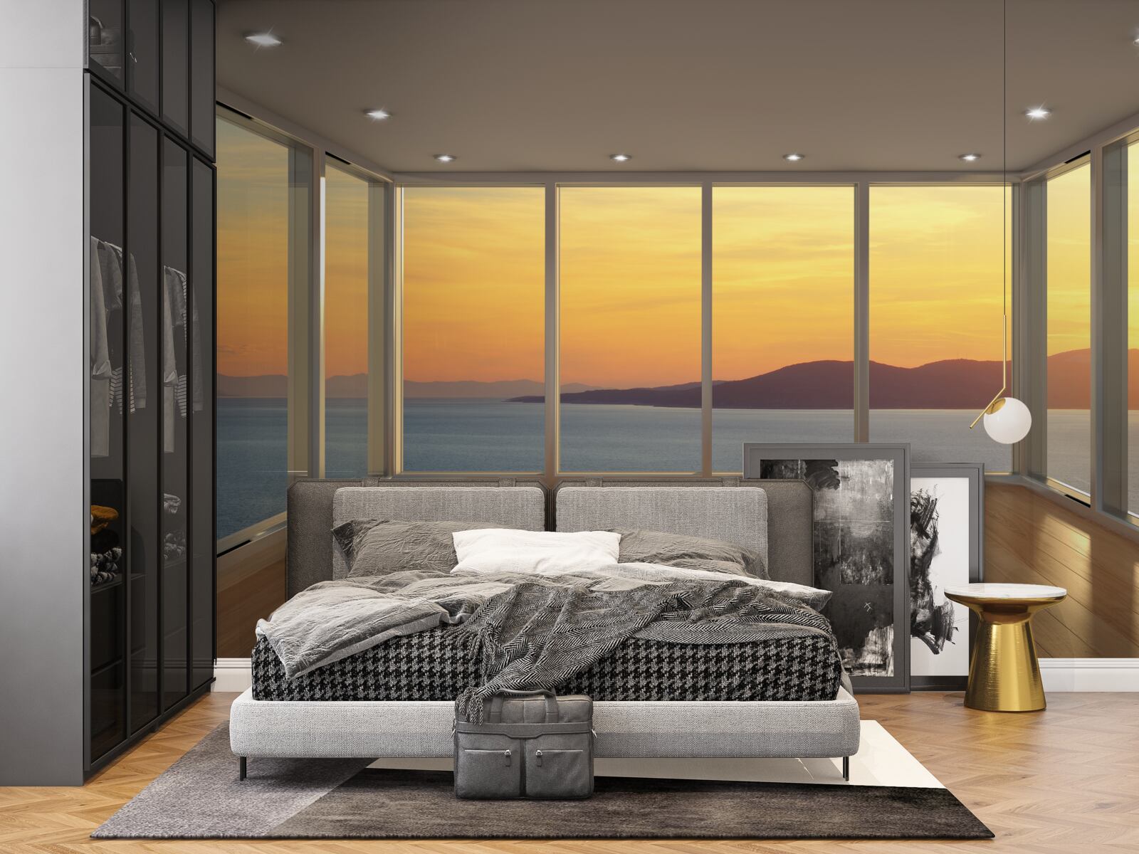 Fototapet peisaj incredibil de frumos de apus de soare și mare de la ferestre panoramice