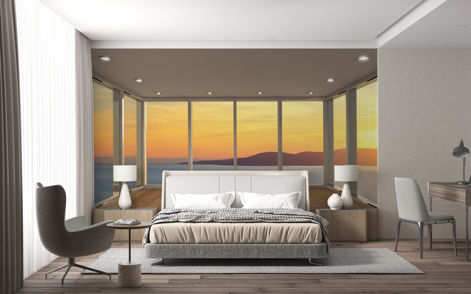 Fototapet peisaj incredibil de frumos de apus de soare și mare de la ferestre panoramice