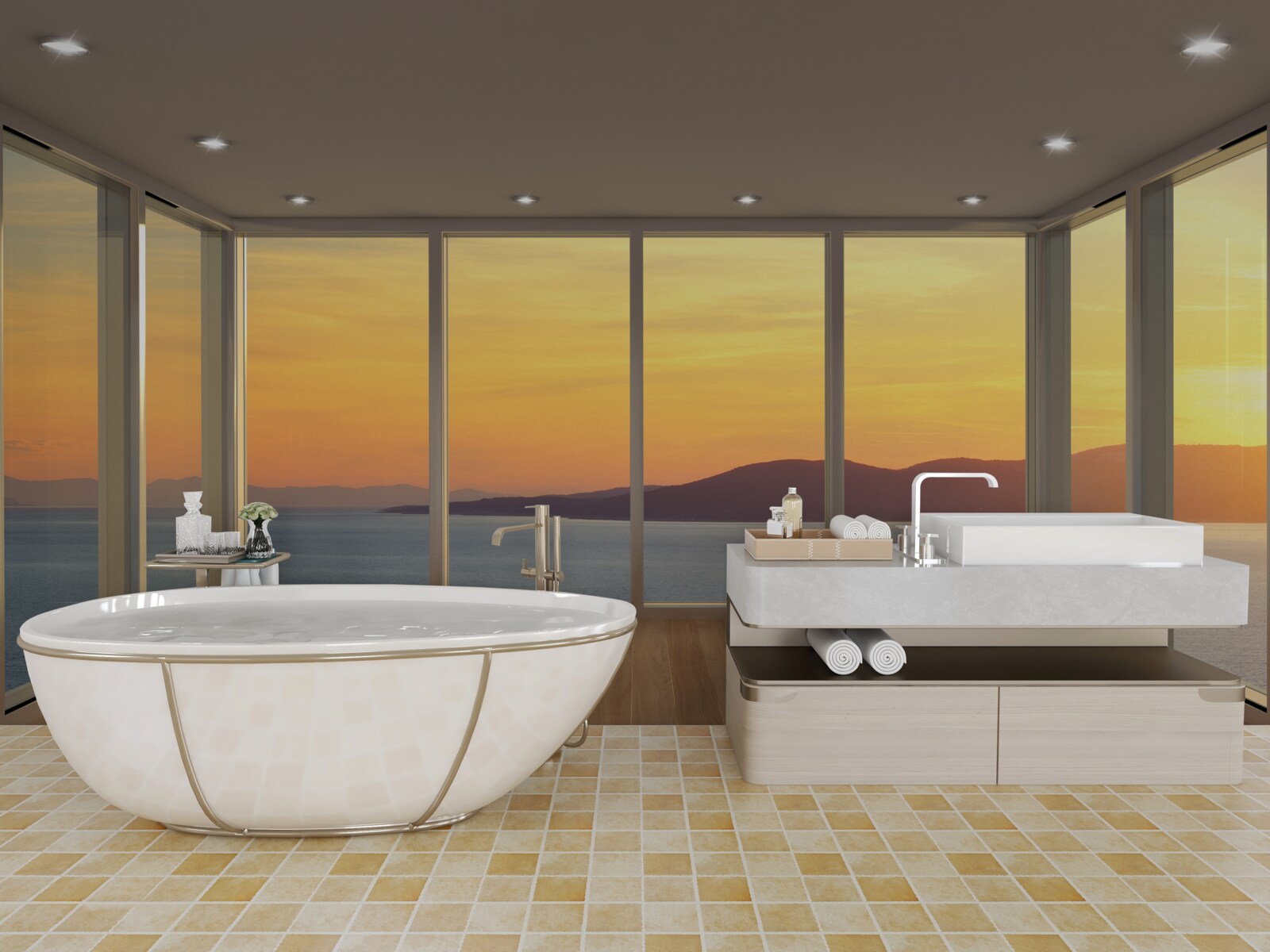 Fototapet peisaj incredibil de frumos de apus de soare și mare de la ferestre panoramice