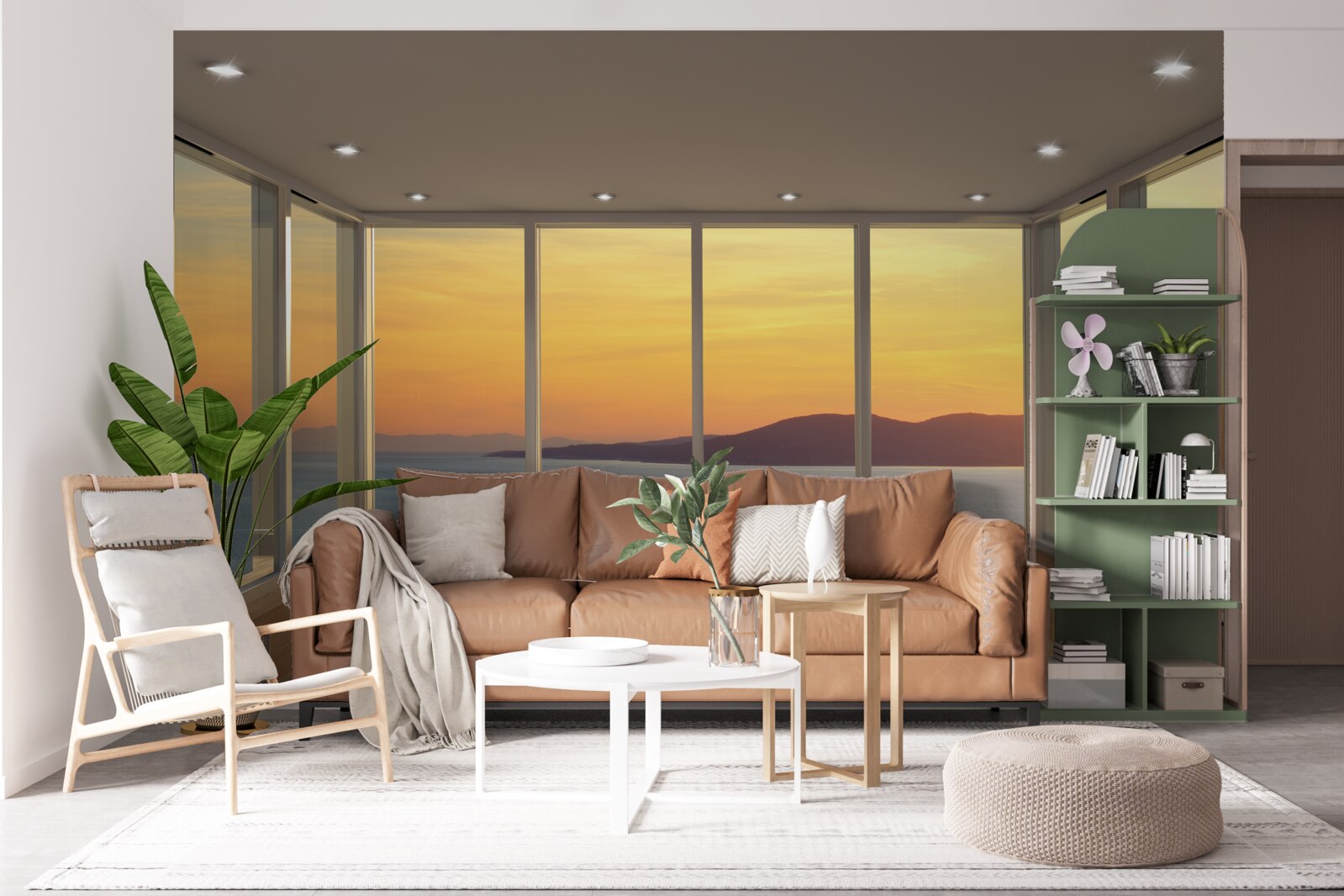 Fototapet peisaj incredibil de frumos de apus de soare și mare de la ferestre panoramice