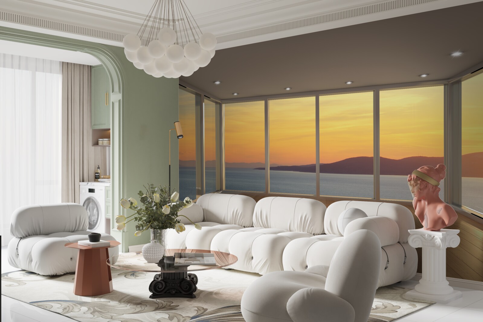 Fototapet peisaj incredibil de frumos de apus de soare și mare de la ferestre panoramice