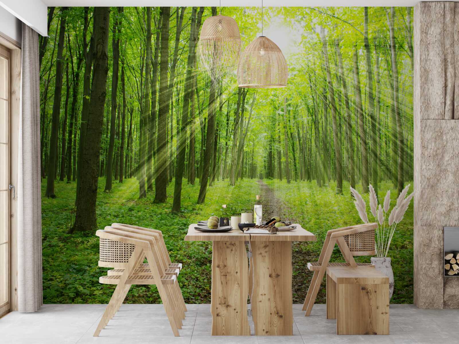 Fototapet Razele soarelui din pădurea verde și luxuriantă luminează totul în jur