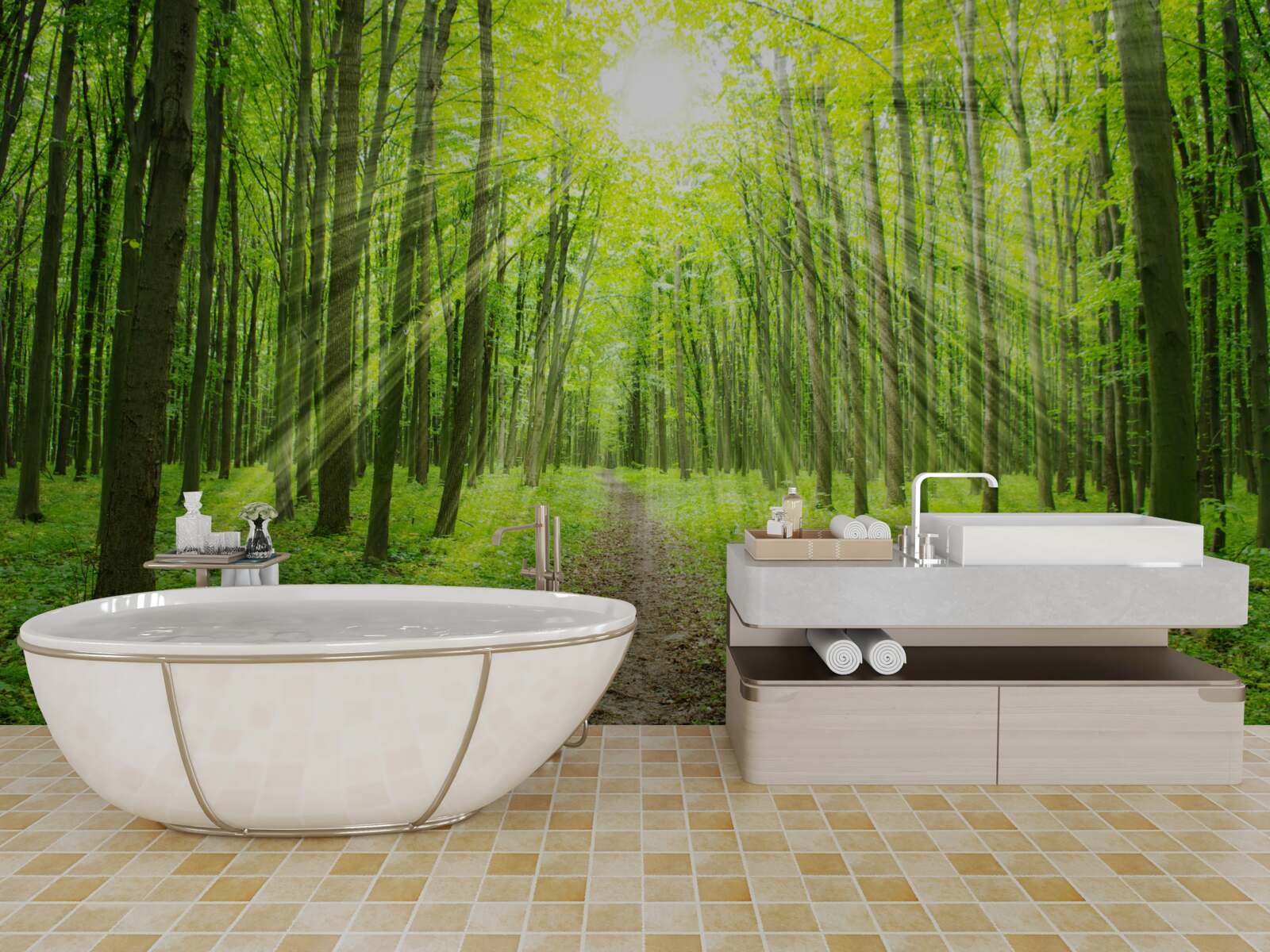 Fototapet Razele soarelui din pădurea verde și luxuriantă luminează totul în jur