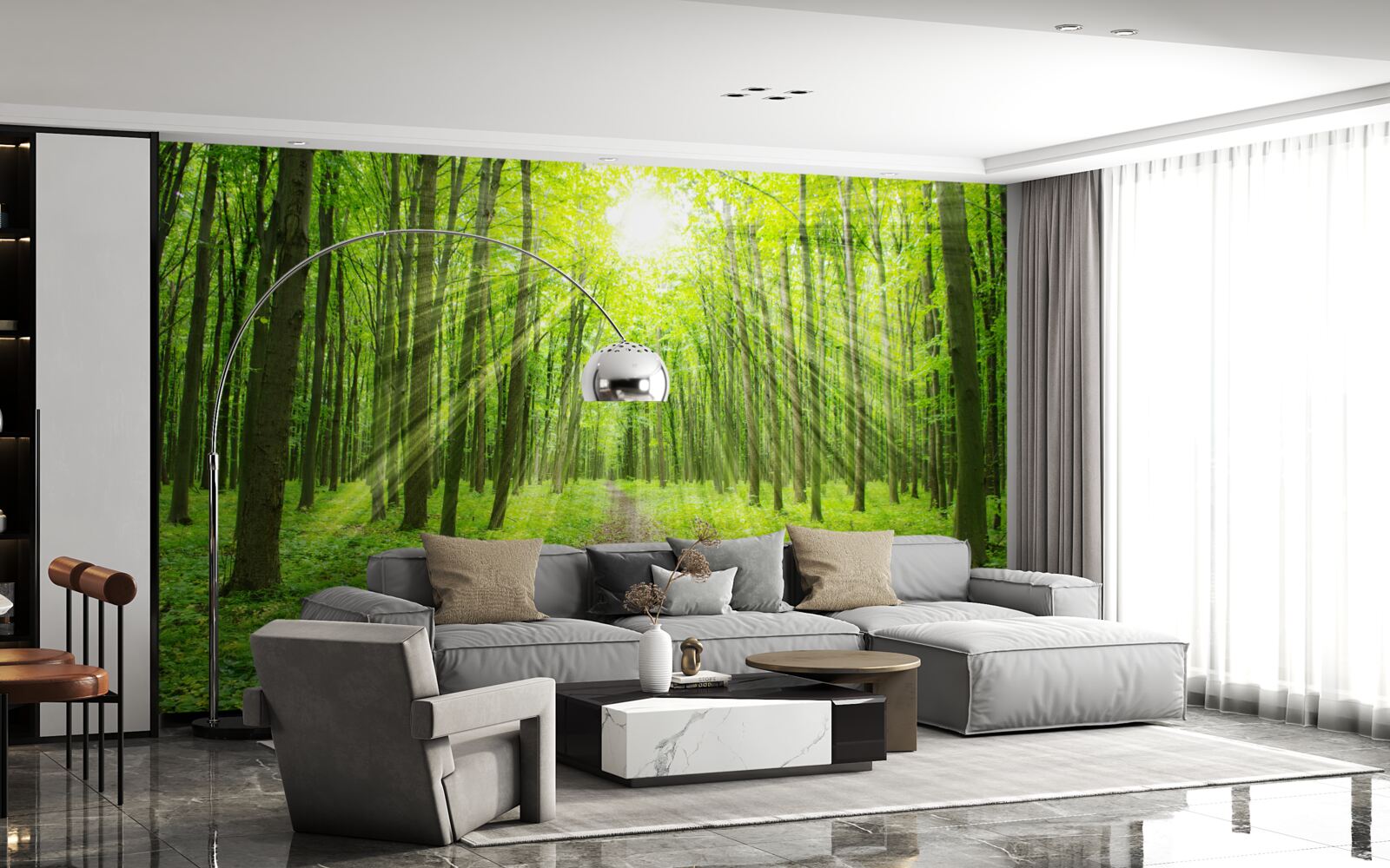 Fototapet Razele soarelui din pădurea verde și luxuriantă luminează totul în jur