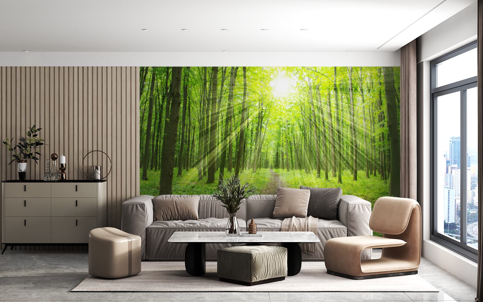 Fototapet Razele soarelui din pădurea verde și luxuriantă luminează totul în jur