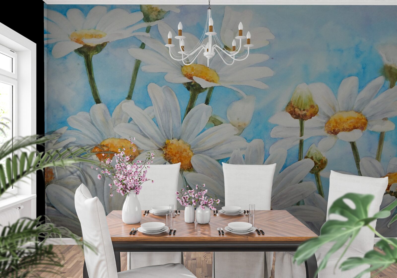 Fototapet împotriva cerului se întinde un câmp presărat cu margarete albe de vară