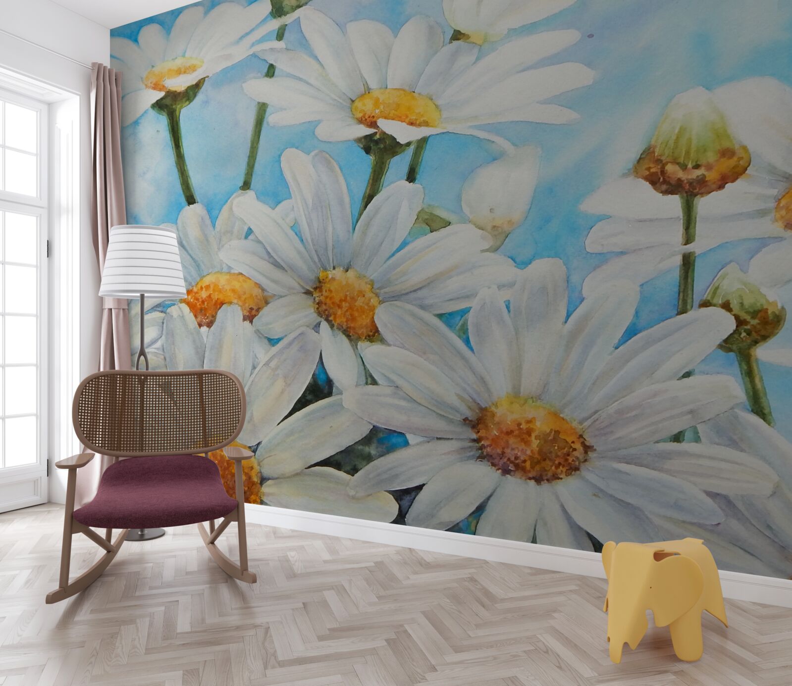 Fototapet împotriva cerului se întinde un câmp presărat cu margarete albe de vară