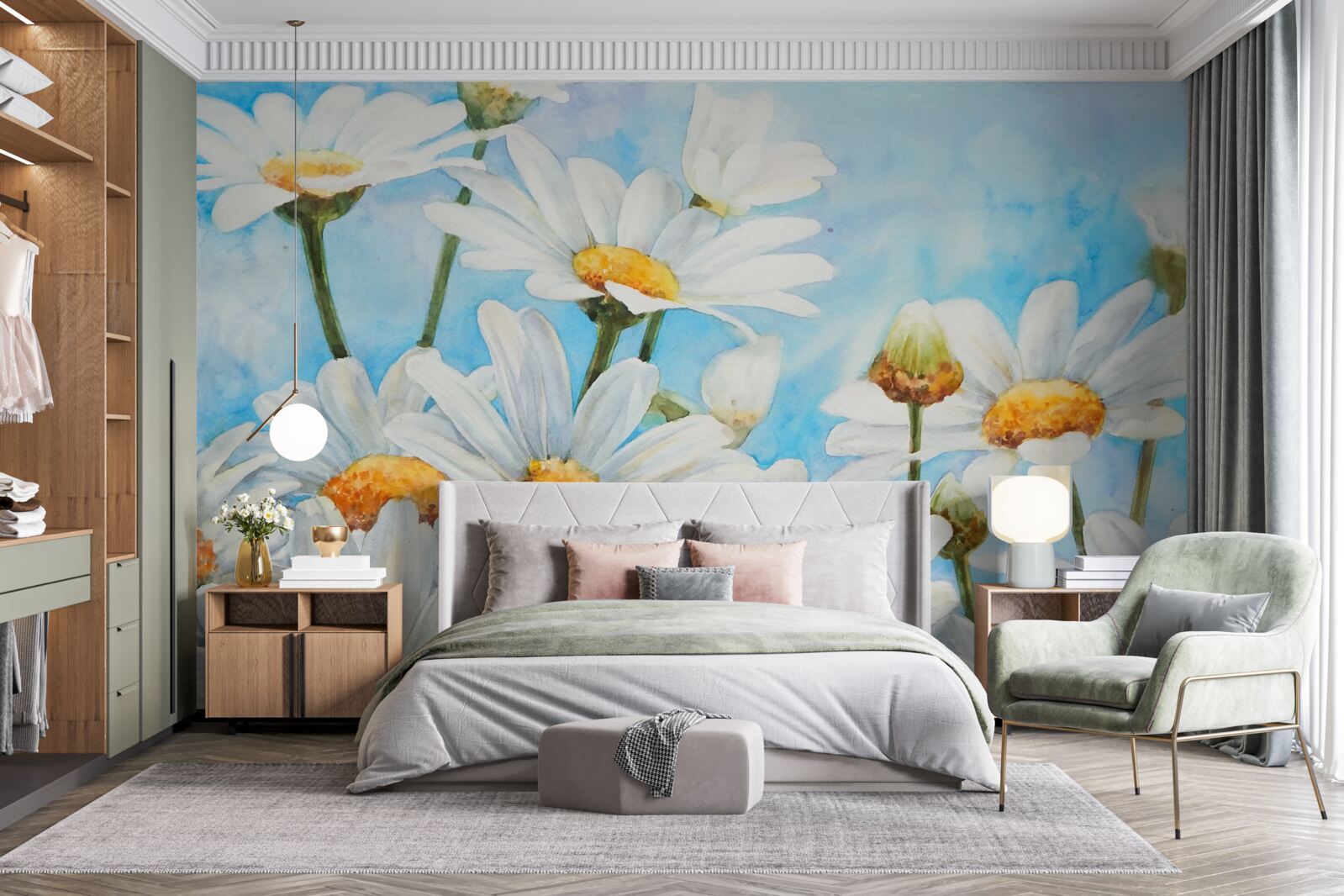 Fototapet împotriva cerului se întinde un câmp presărat cu margarete albe de vară