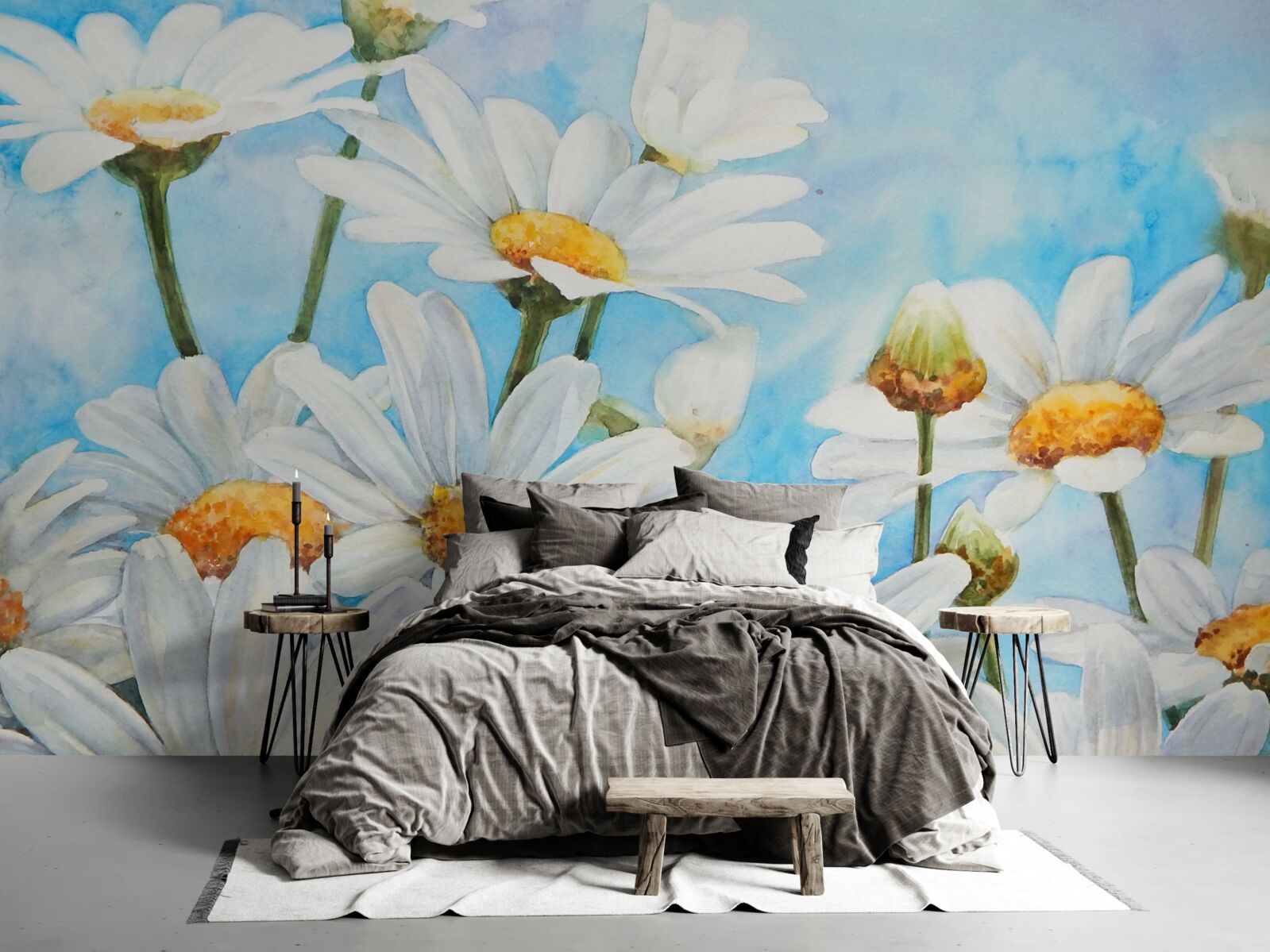 Fototapet împotriva cerului se întinde un câmp presărat cu margarete albe de vară