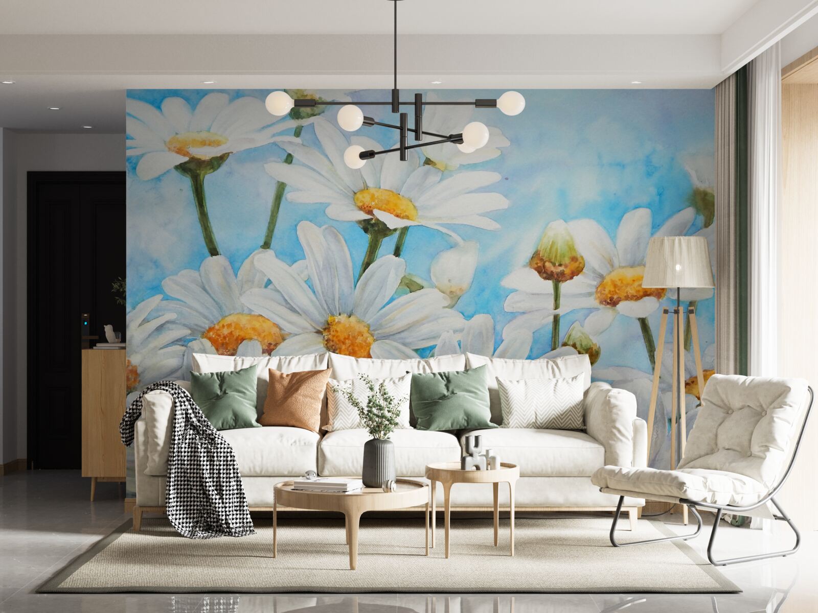 Fototapet împotriva cerului se întinde un câmp presărat cu margarete albe de vară