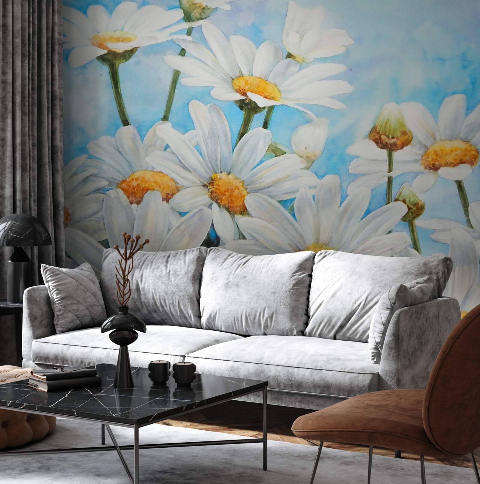 Fototapet împotriva cerului se întinde un câmp presărat cu margarete albe de vară