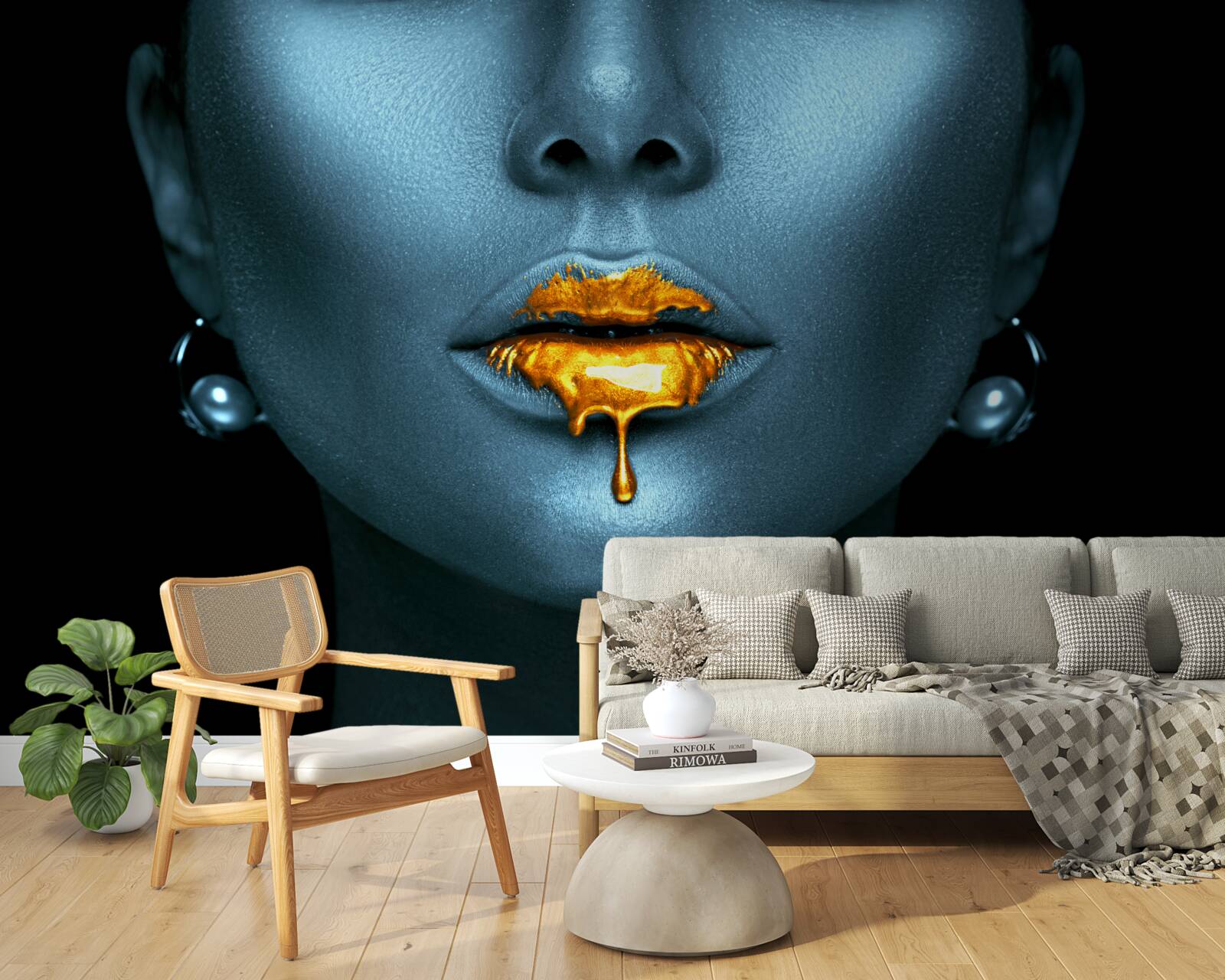 Fototapet femeie cu buzele acoperite cu vopsea aurie