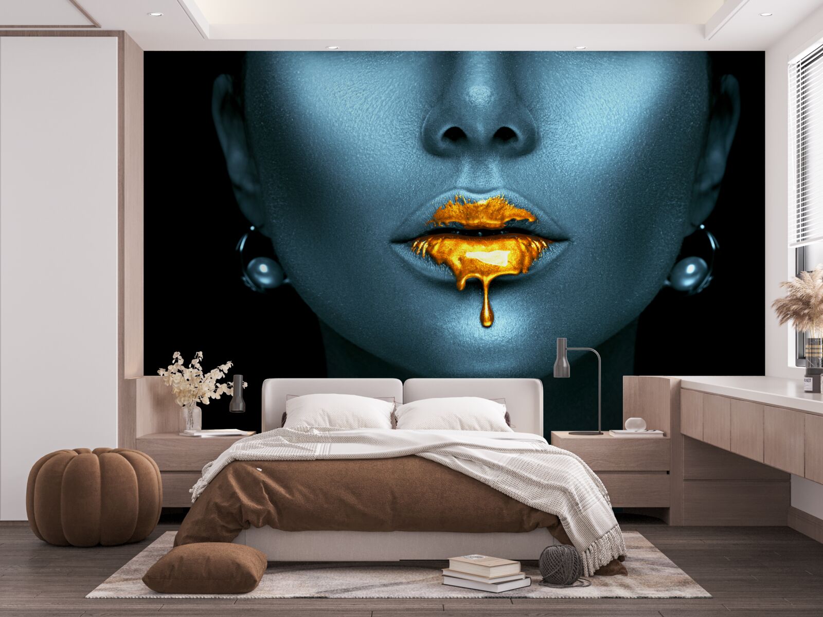 Fototapet femeie cu buzele acoperite cu vopsea aurie