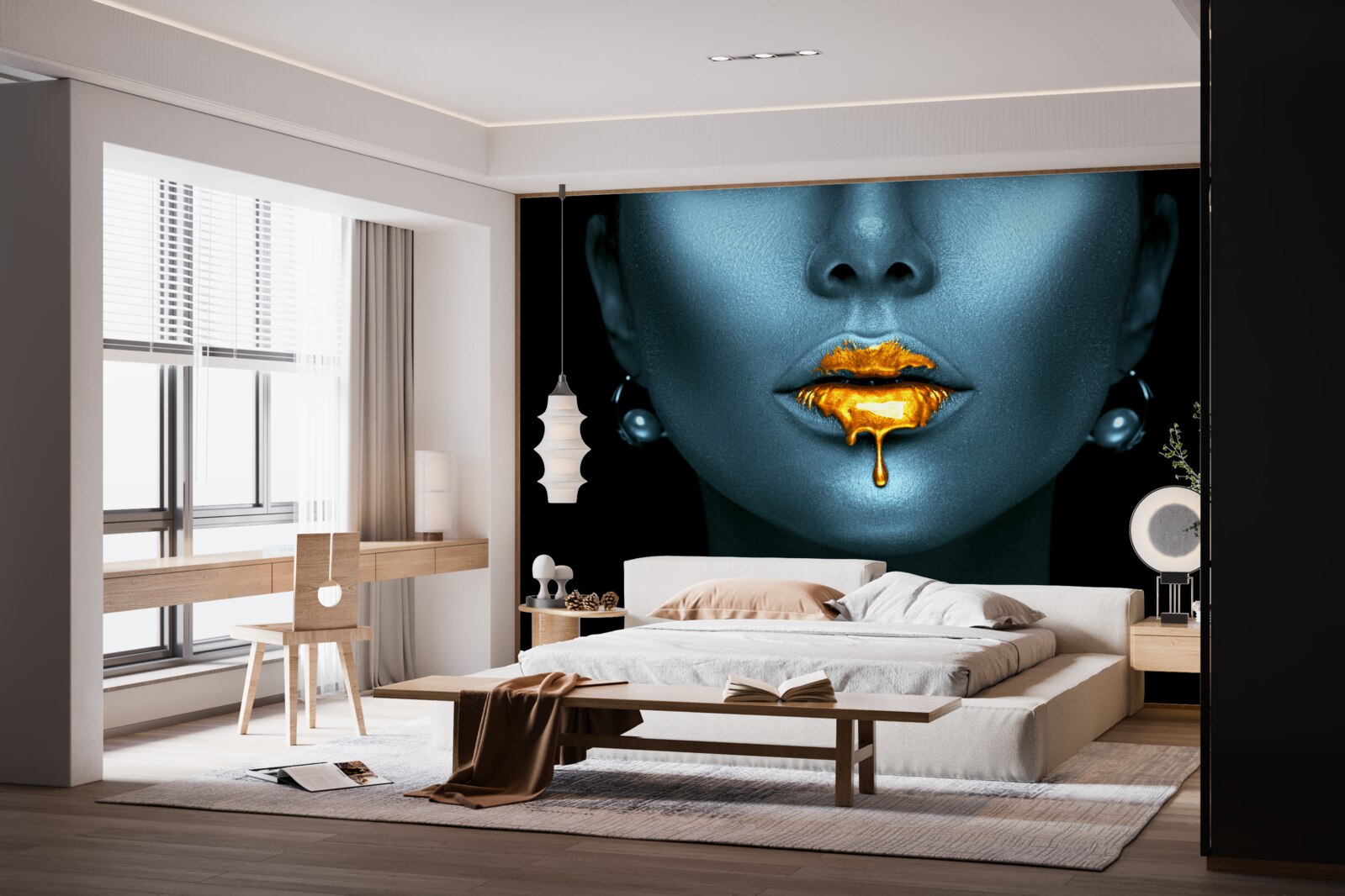 Fototapet femeie cu buzele acoperite cu vopsea aurie