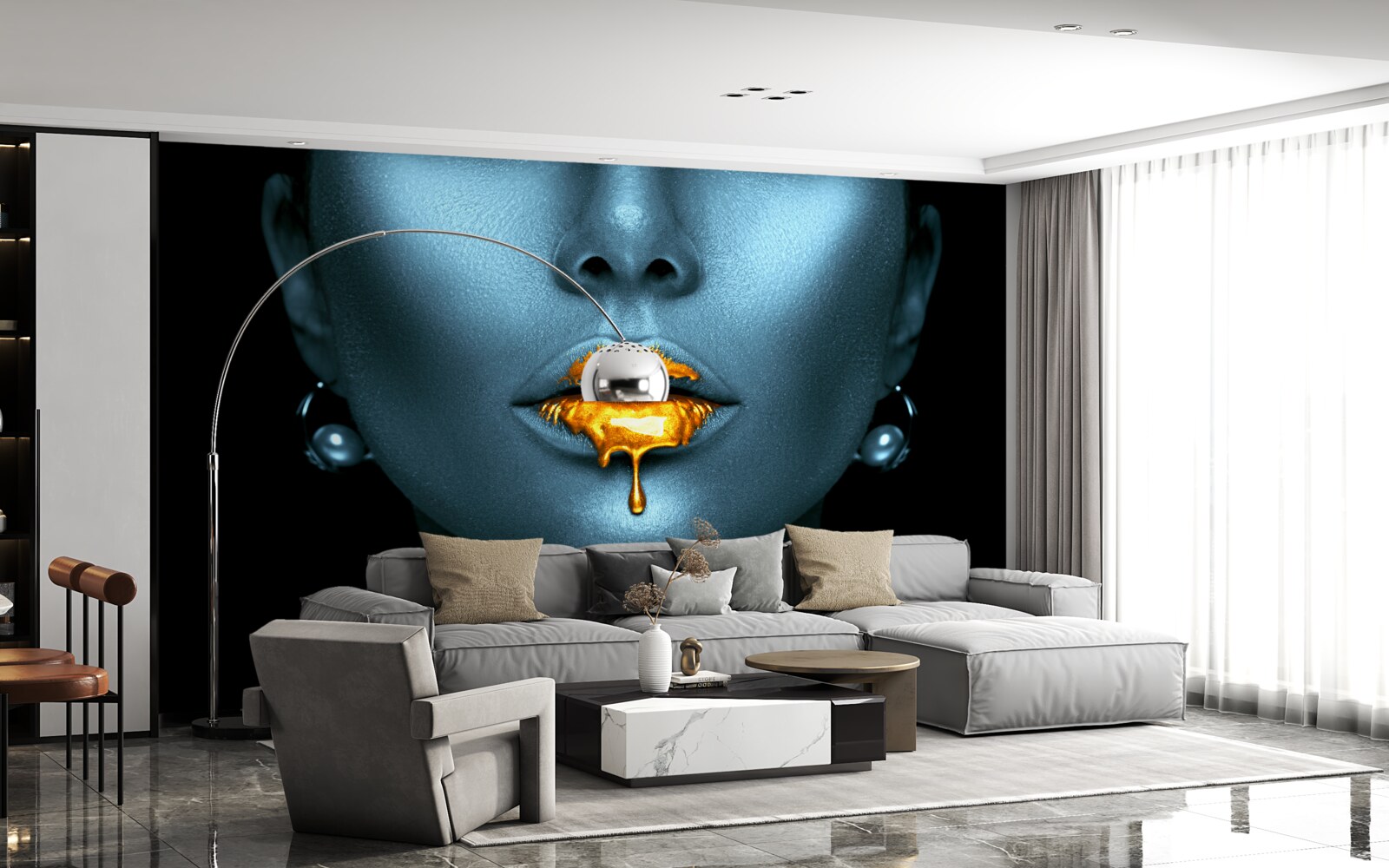 Fototapet femeie cu buzele acoperite cu vopsea aurie