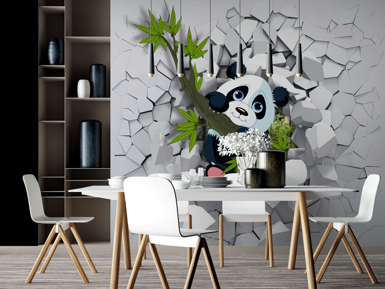 Fototapet panda se uită cu precauție din zidul de cărămidă ruinat