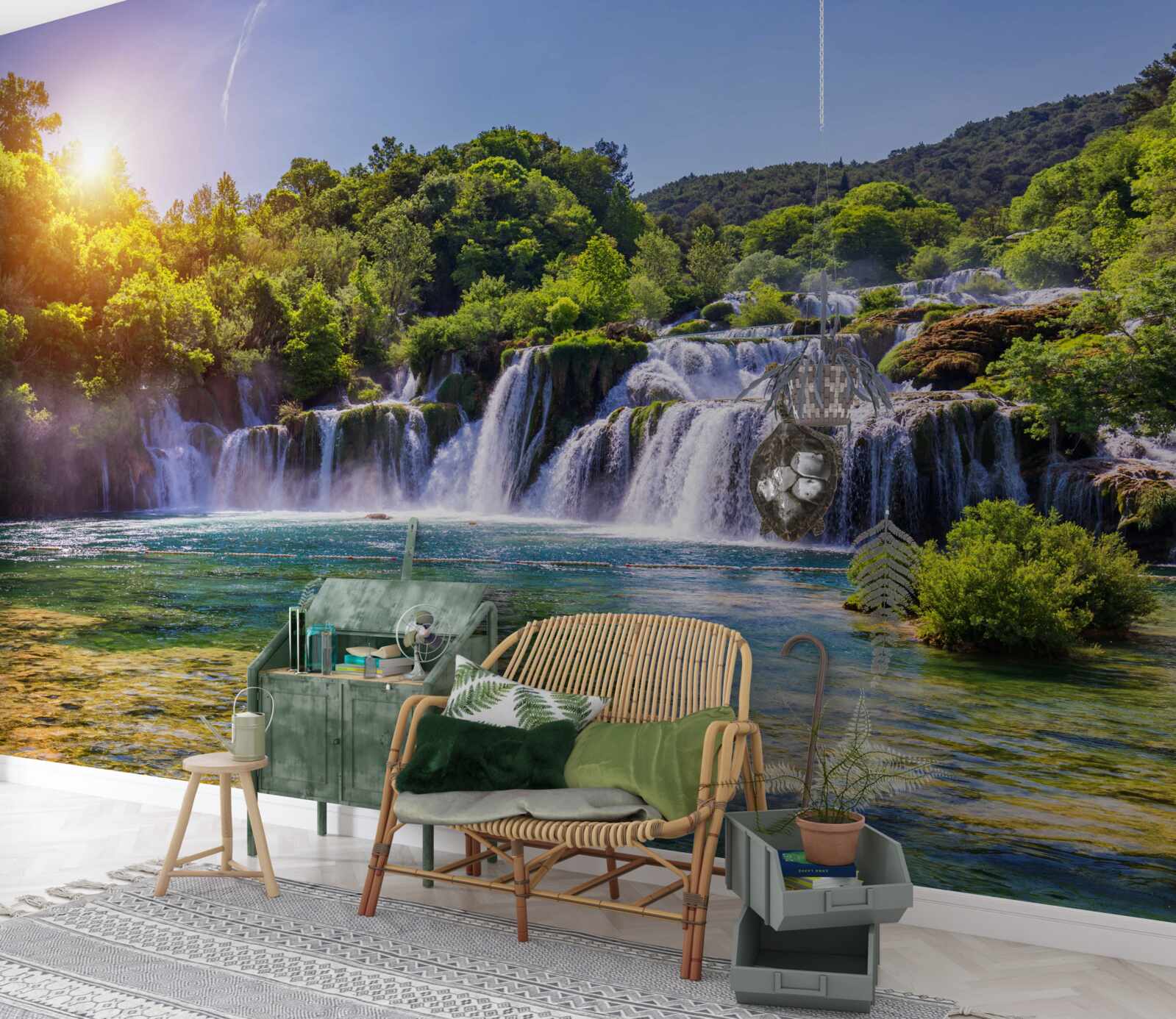 Fototapet căderea de apă, care curge sub asfințitul căderii, scoate un sunet puternic