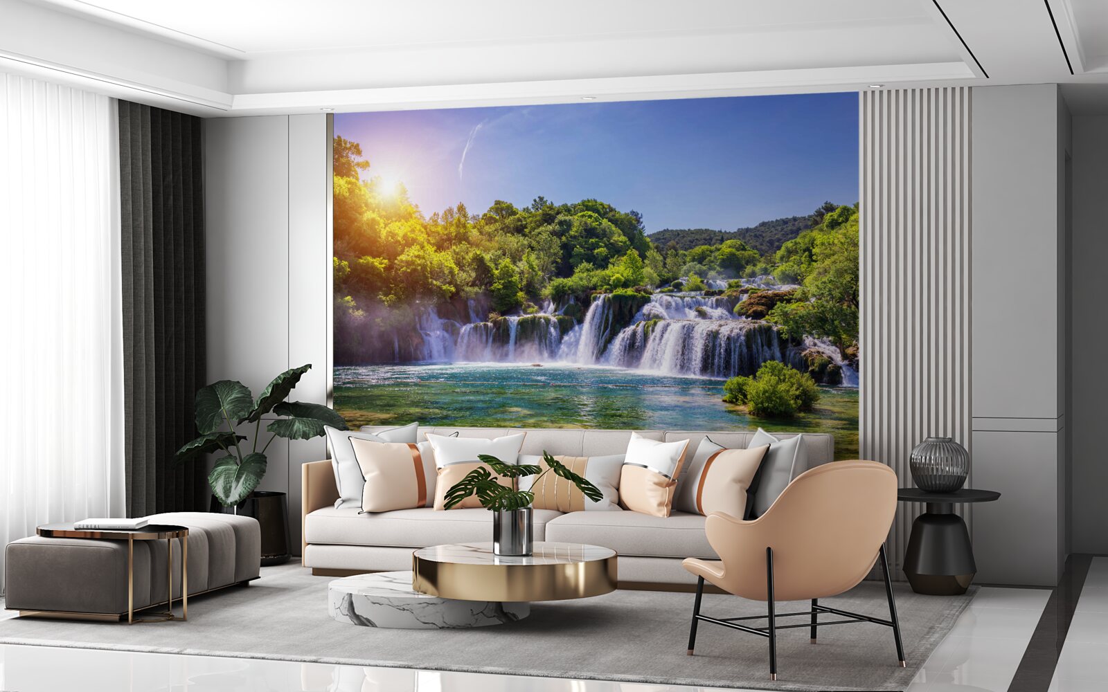 Fototapet căderea de apă, care curge sub asfințitul căderii, scoate un sunet puternic