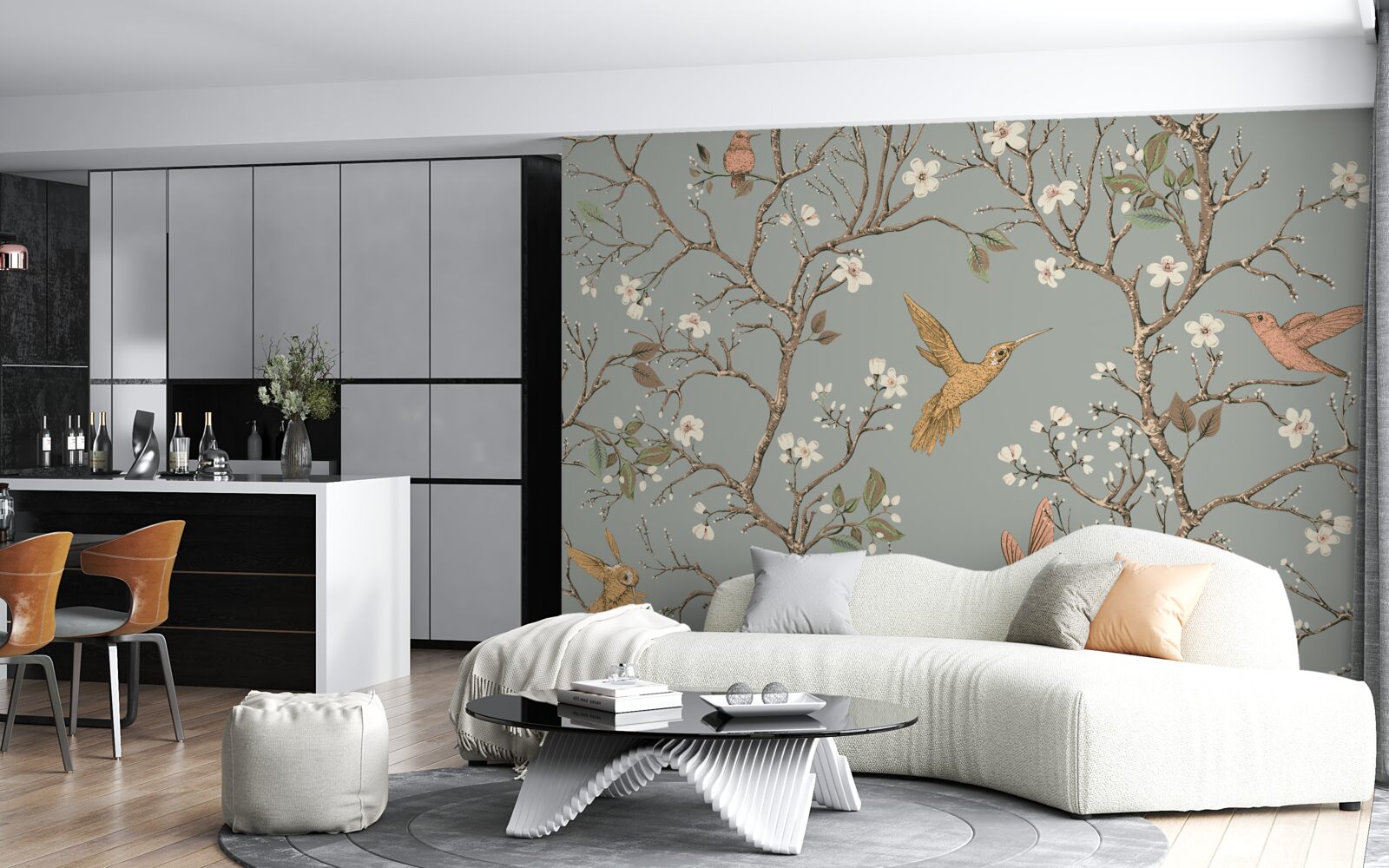 Fototapet copac înflorit și pasăre colibri