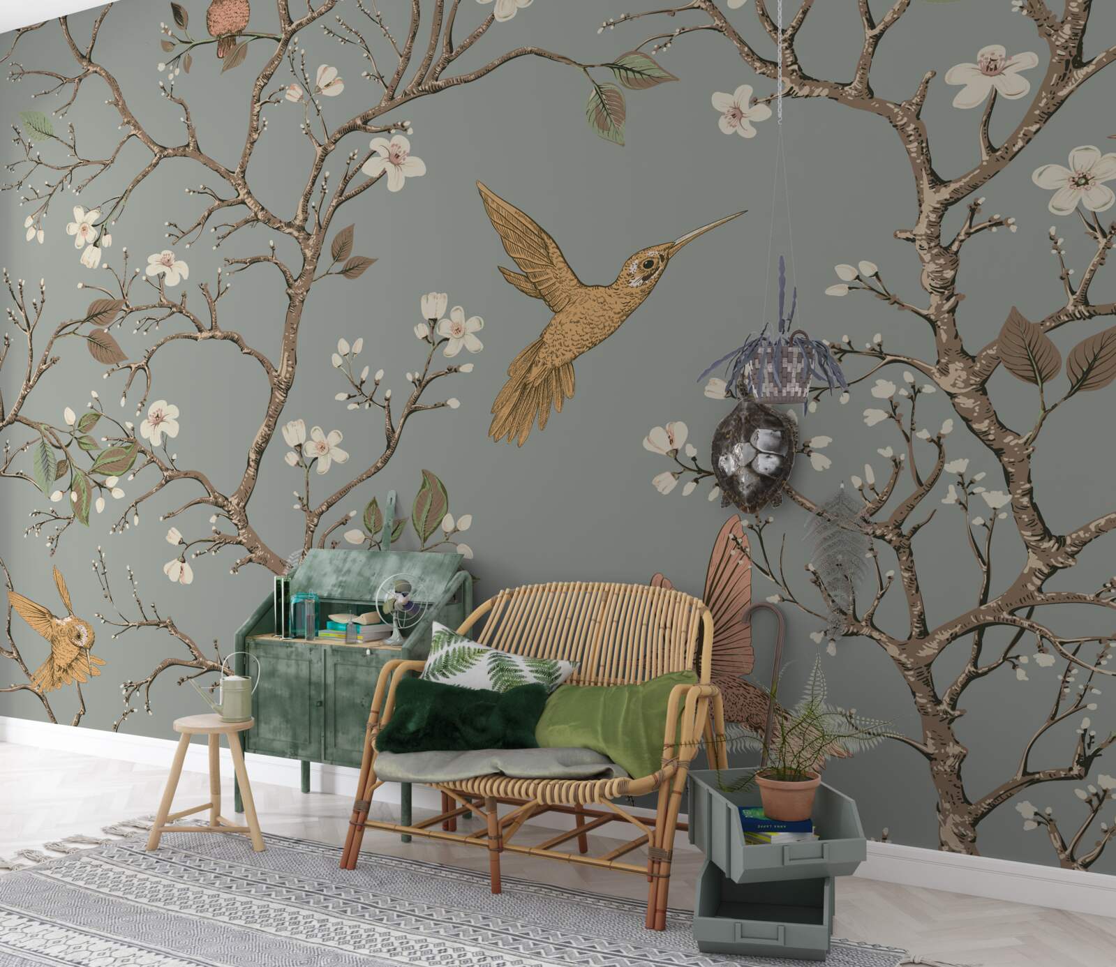 Fototapet copac înflorit și pasăre colibri