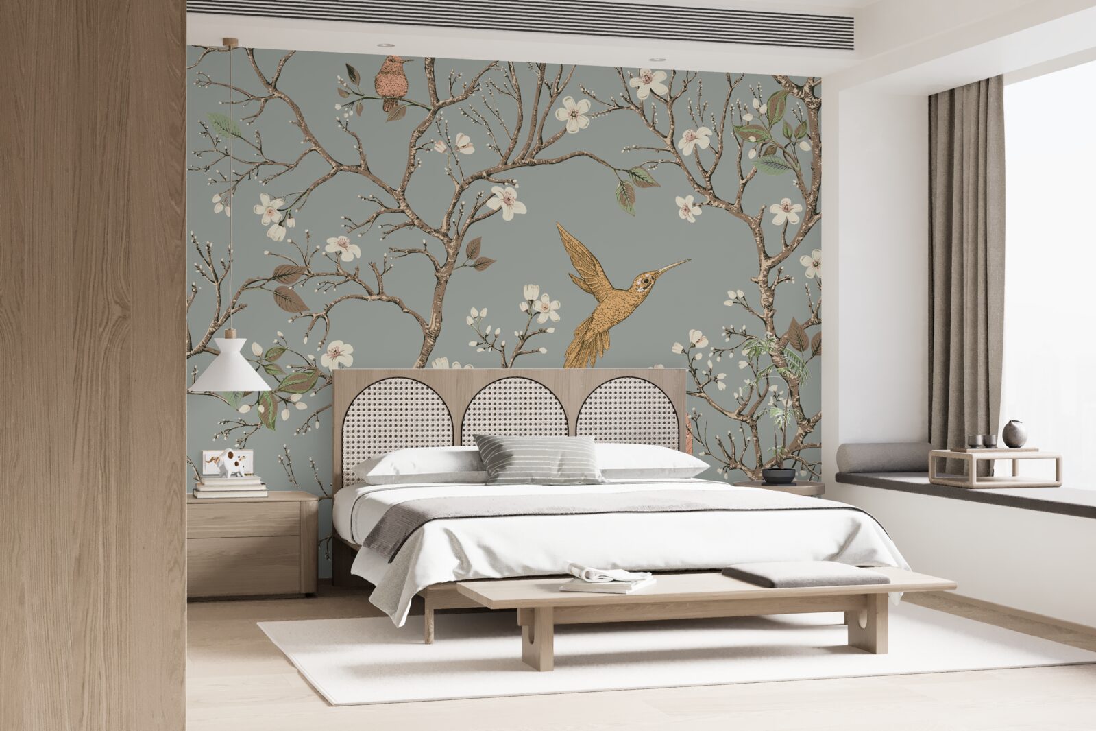 Fototapet copac înflorit și pasăre colibri