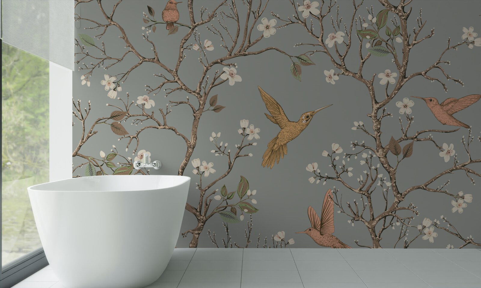 Fototapet copac înflorit și pasăre colibri