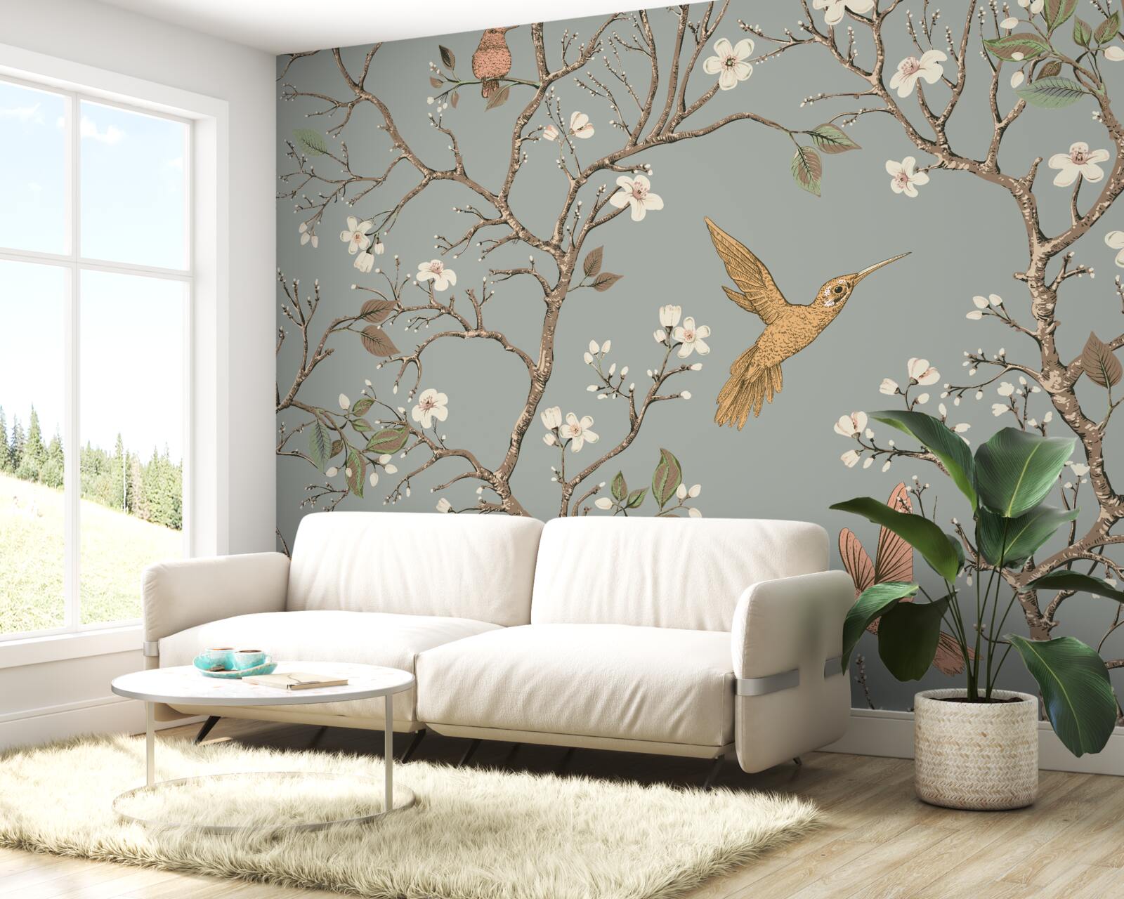 Fototapet copac înflorit și pasăre colibri