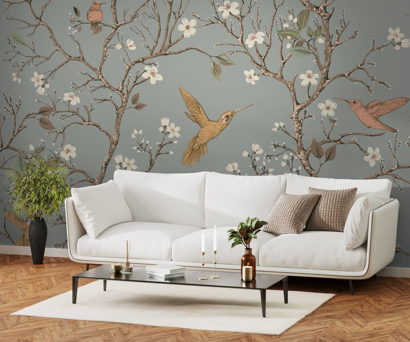 Fototapet copac înflorit și pasăre colibri