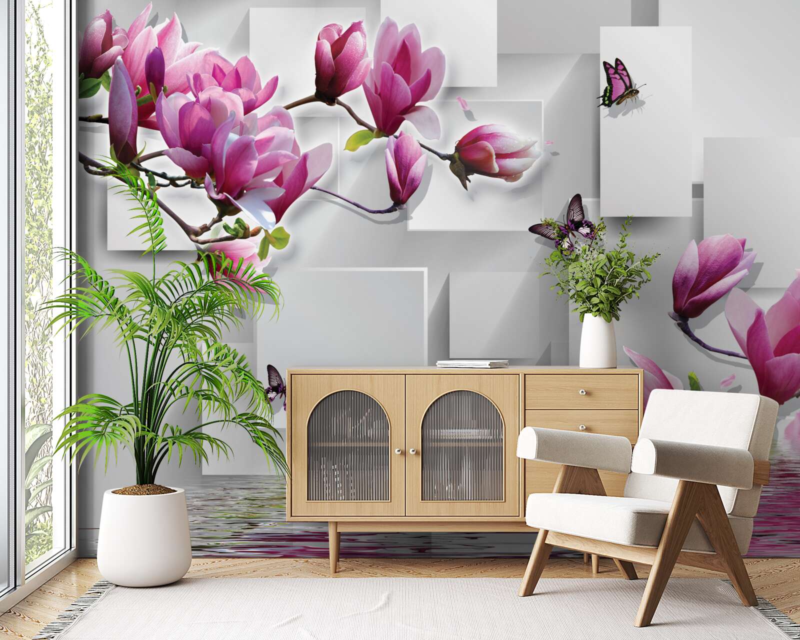 Fototapet magnolii purpurii alunecând peste apă