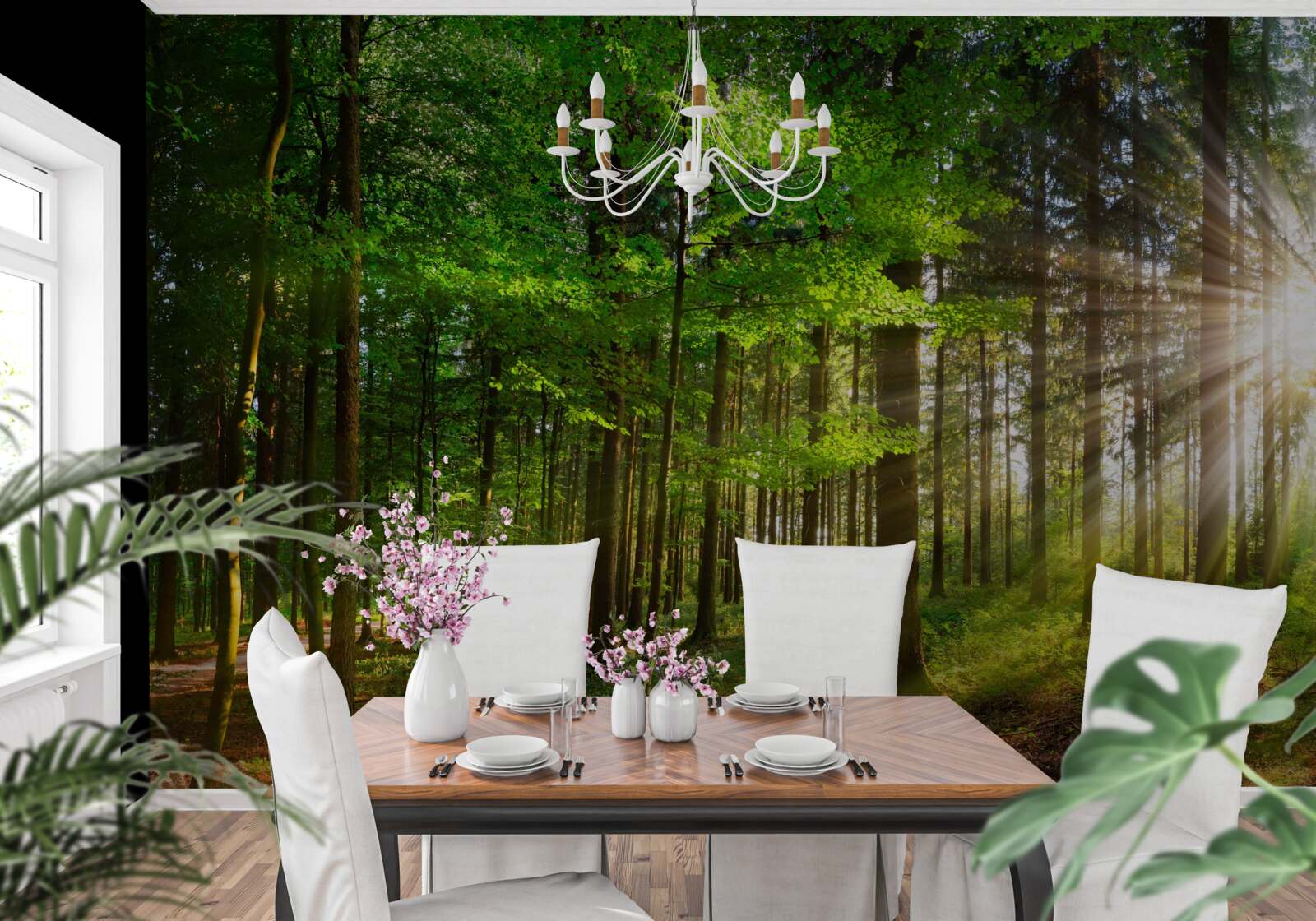 Fototapet soare strălucitor într-o pădure acoperită cu frunze verzi