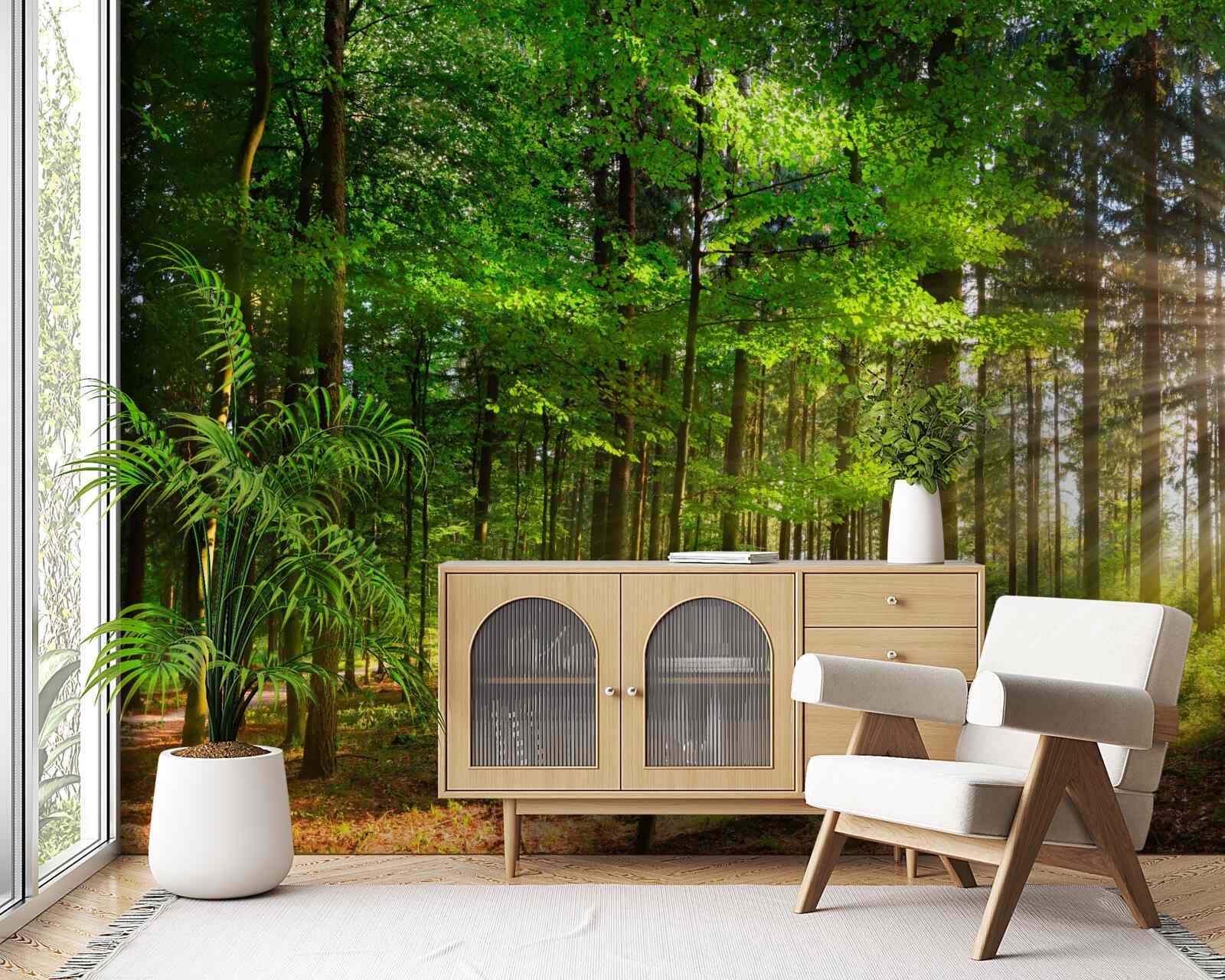 Fototapet soare strălucitor într-o pădure acoperită cu frunze verzi