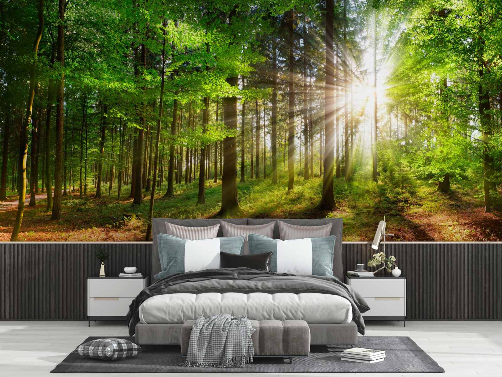 Fototapet soare strălucitor într-o pădure acoperită cu frunze verzi