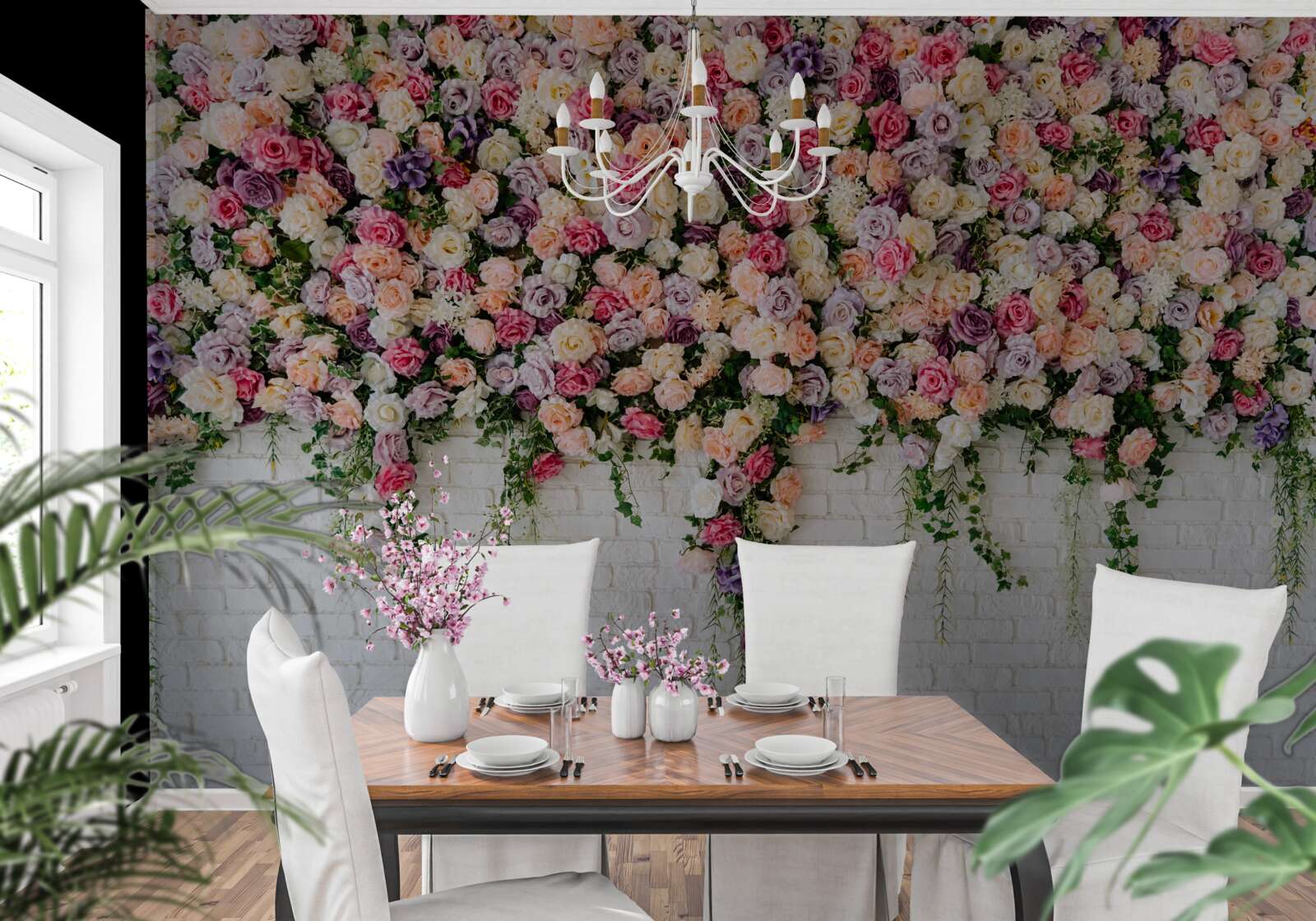 Fototapet Zid de cărămidă decorat cu flori de trandafir