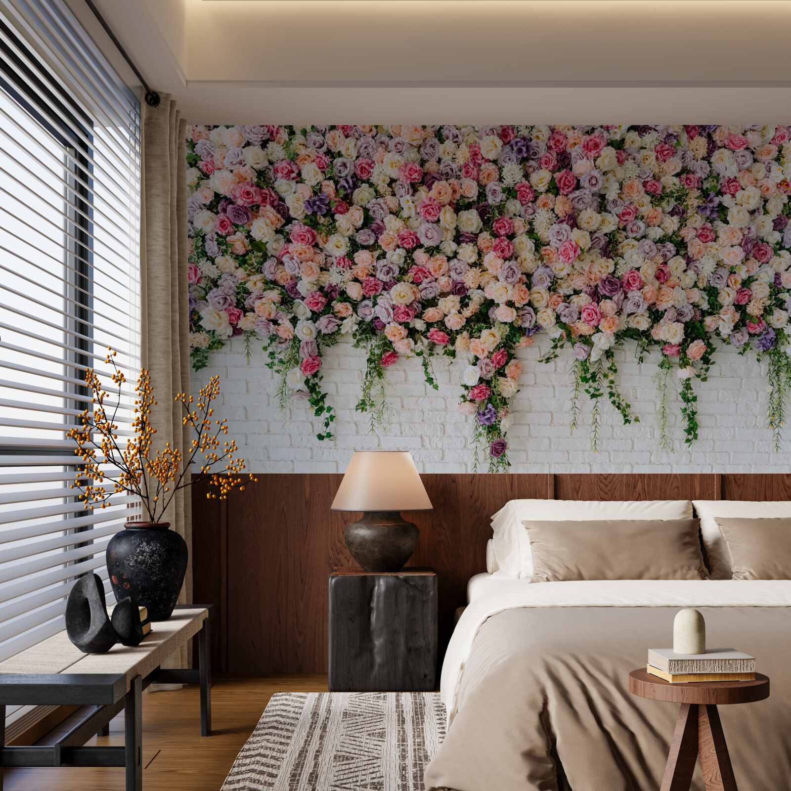 Fototapet Zid de cărămidă decorat cu flori de trandafir