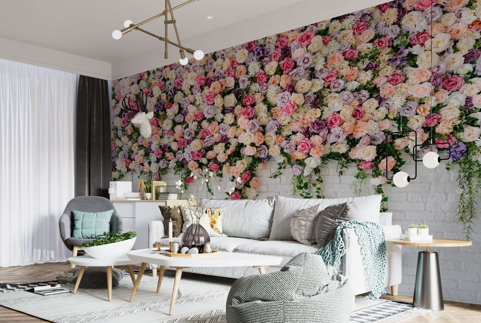 Fototapet Zid de cărămidă decorat cu flori de trandafir