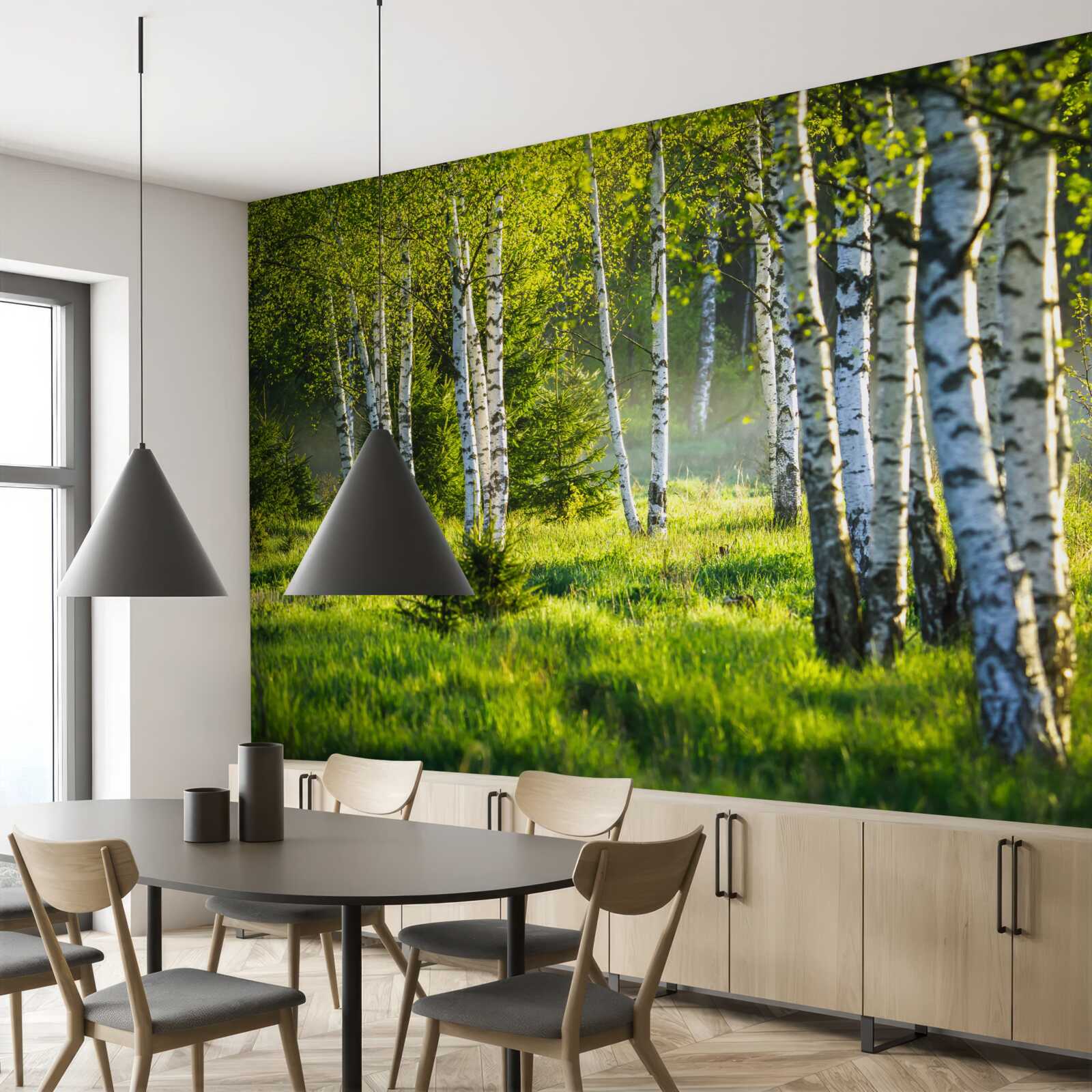 Fototapet Pajiștile împodobite cu mesteceni maiestuoși sunt vopsite în verde aprins