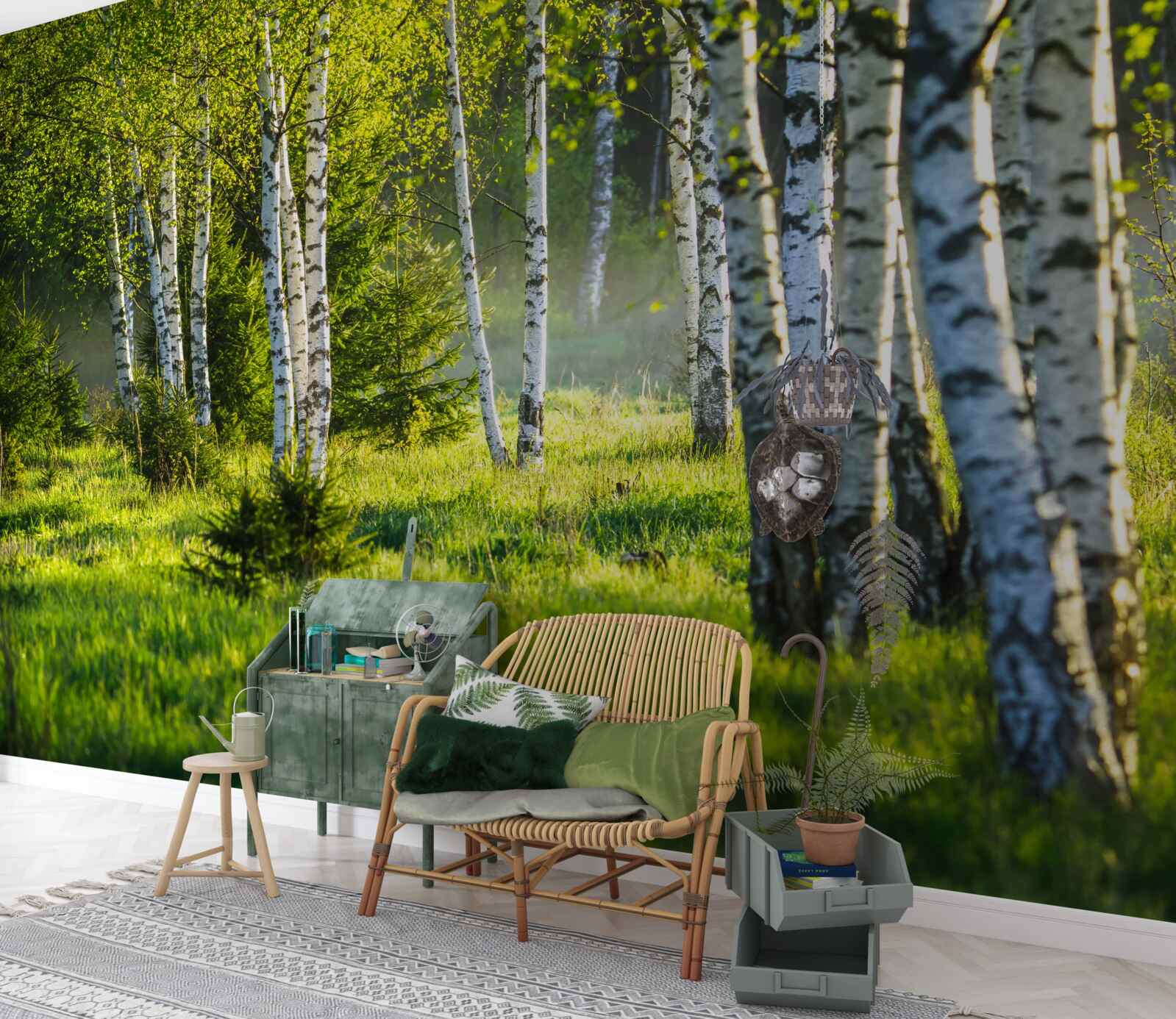 Fototapet Pajiștile împodobite cu mesteceni maiestuoși sunt vopsite în verde aprins