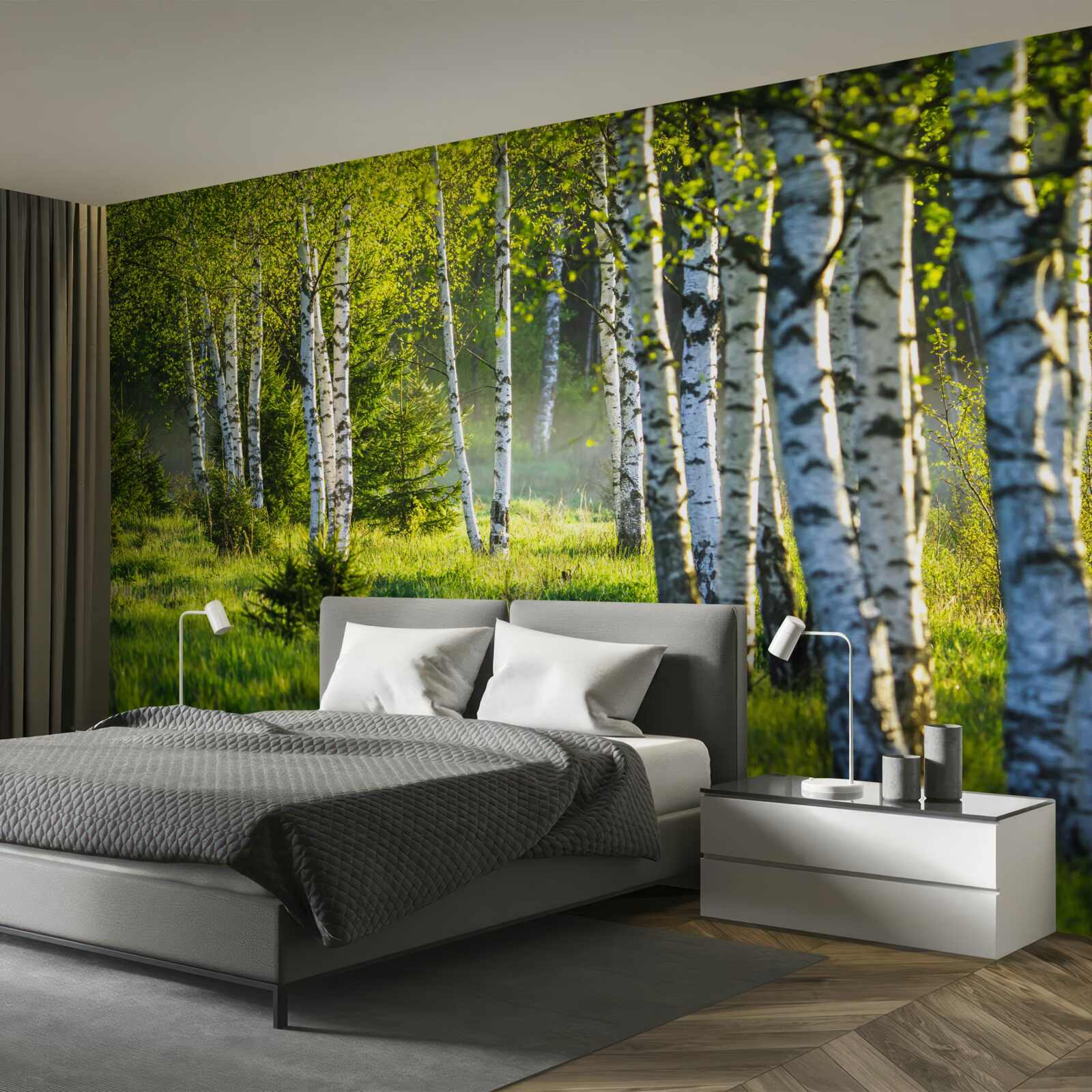 Fototapet Pajiștile împodobite cu mesteceni maiestuoși sunt vopsite în verde aprins