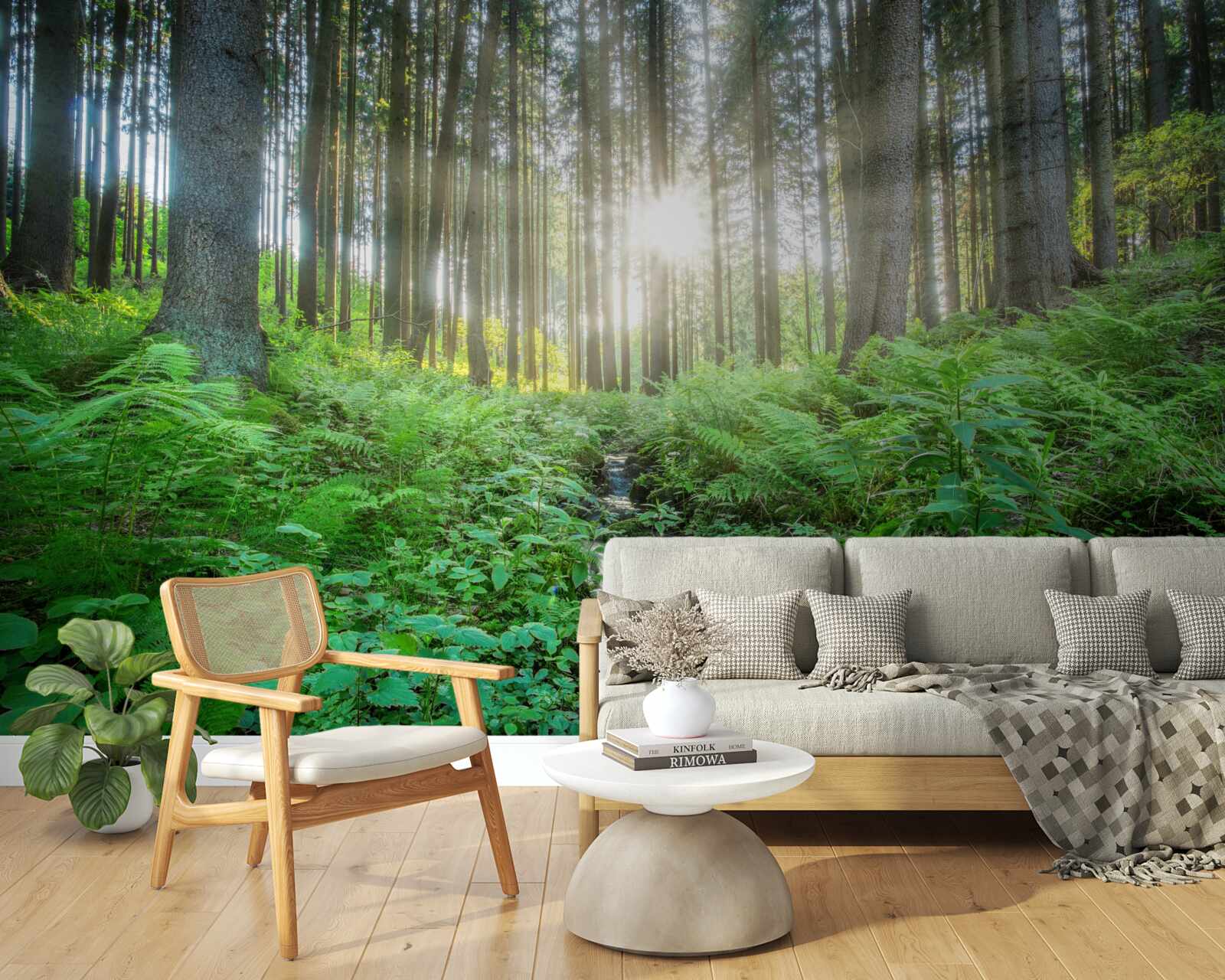 Fototapet razele soarelui pătrund în pădurea deasă