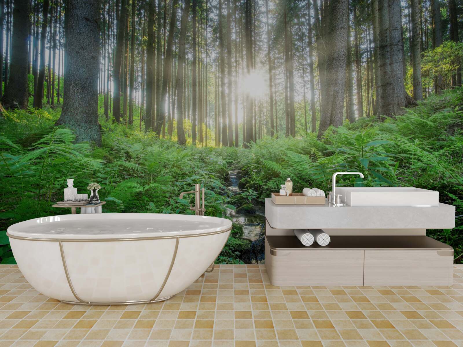 Fototapet razele soarelui pătrund în pădurea deasă