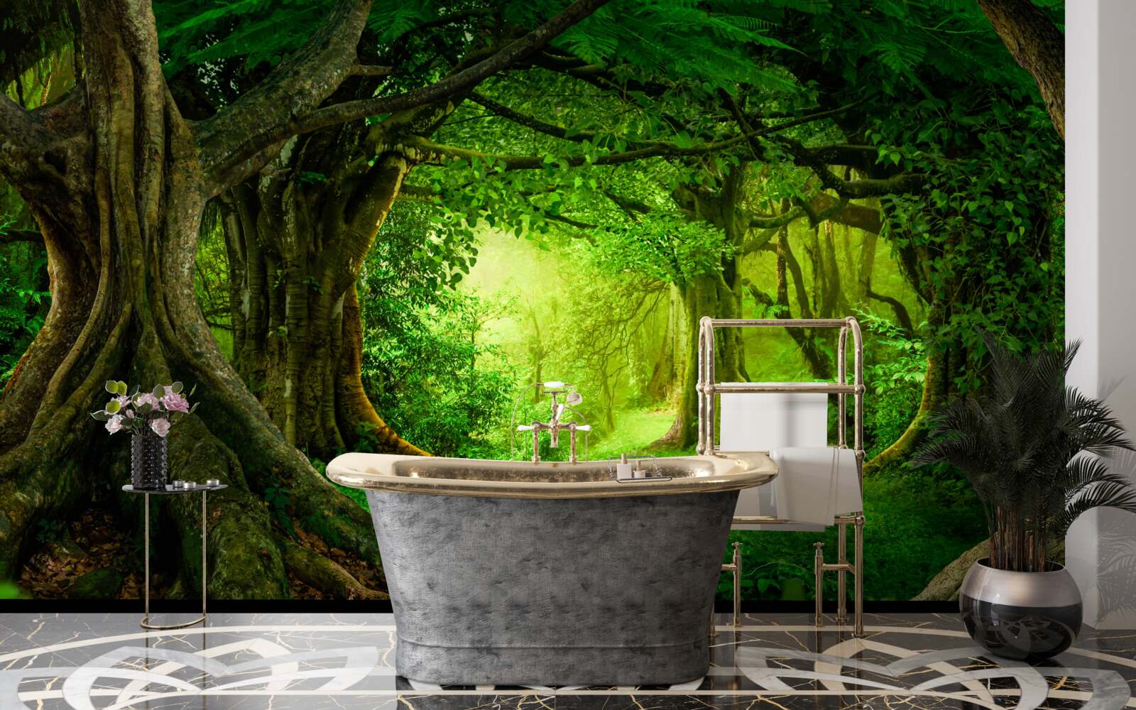 Fototapet copaci bătrâni într-un tufiș verde