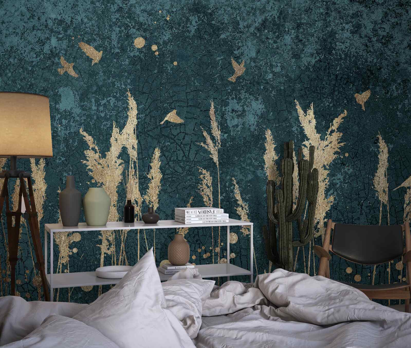 Fototapet seara, păsările zboară pe pajiști