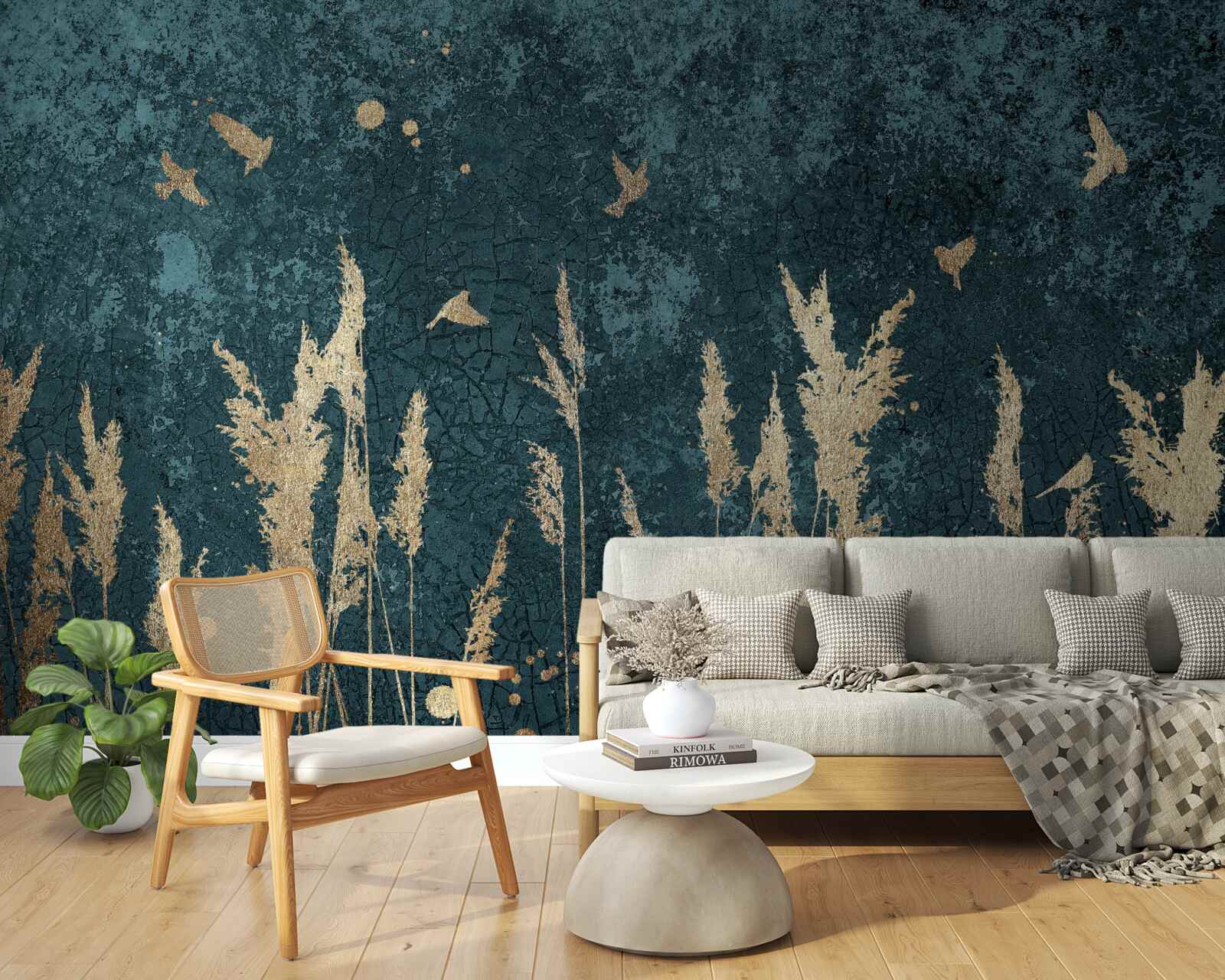 Fototapet seara, păsările zboară pe pajiști