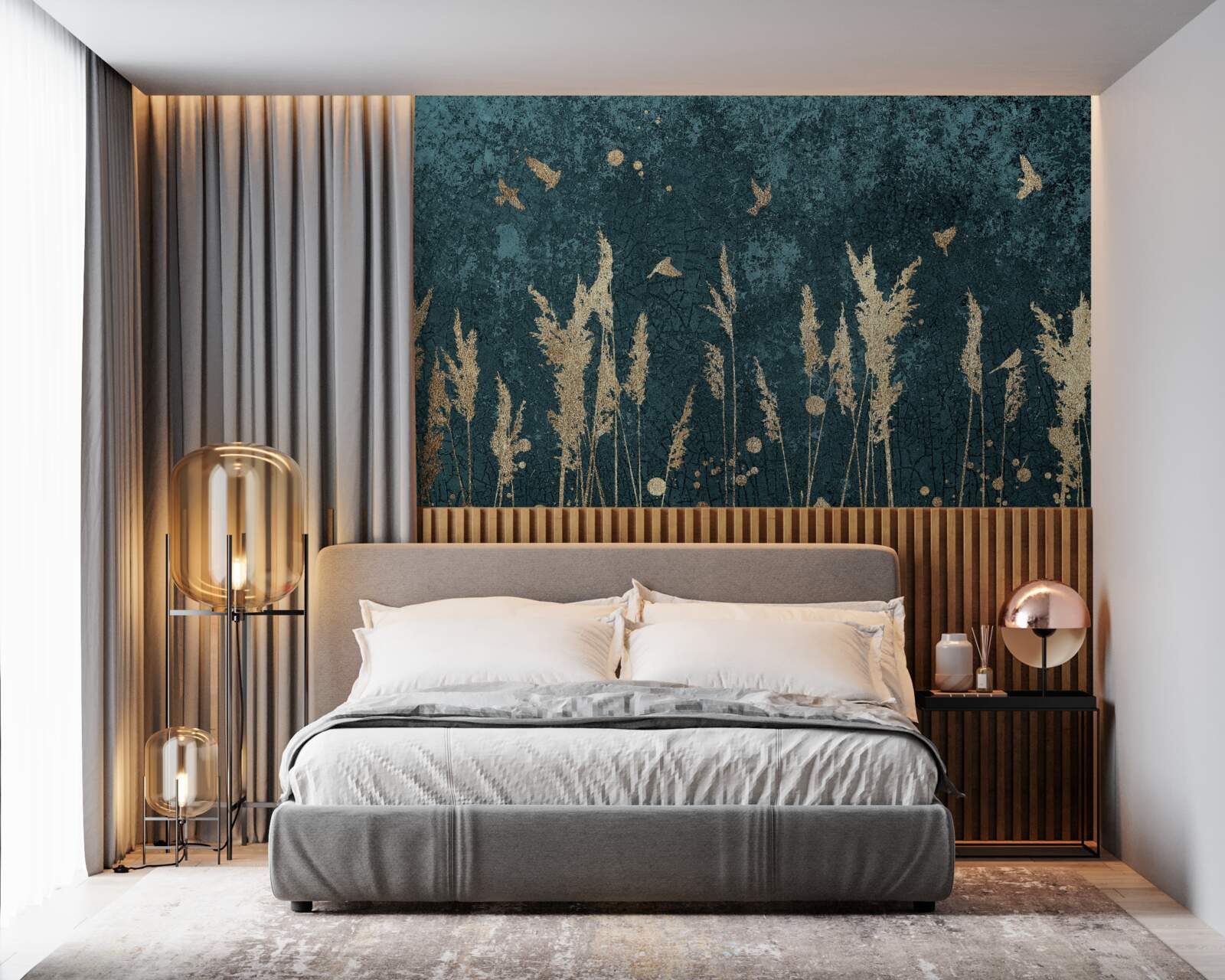 Fototapet seara, păsările zboară pe pajiști