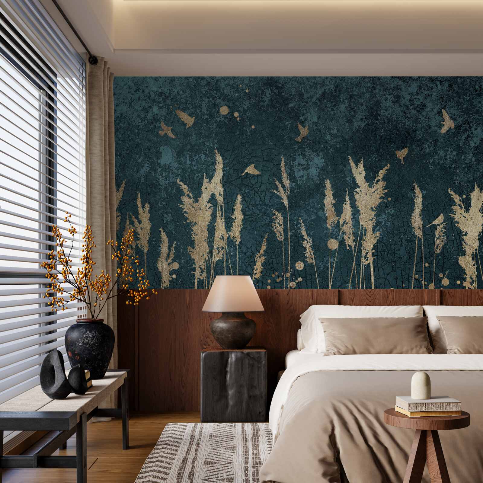 Fototapet seara, păsările zboară pe pajiști