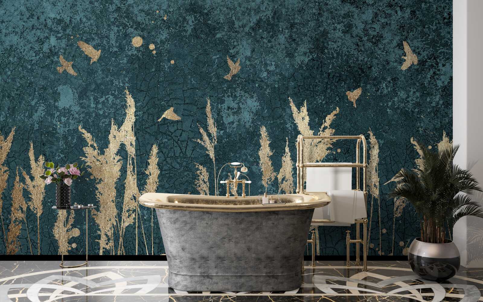 Fototapet seara, păsările zboară pe pajiști