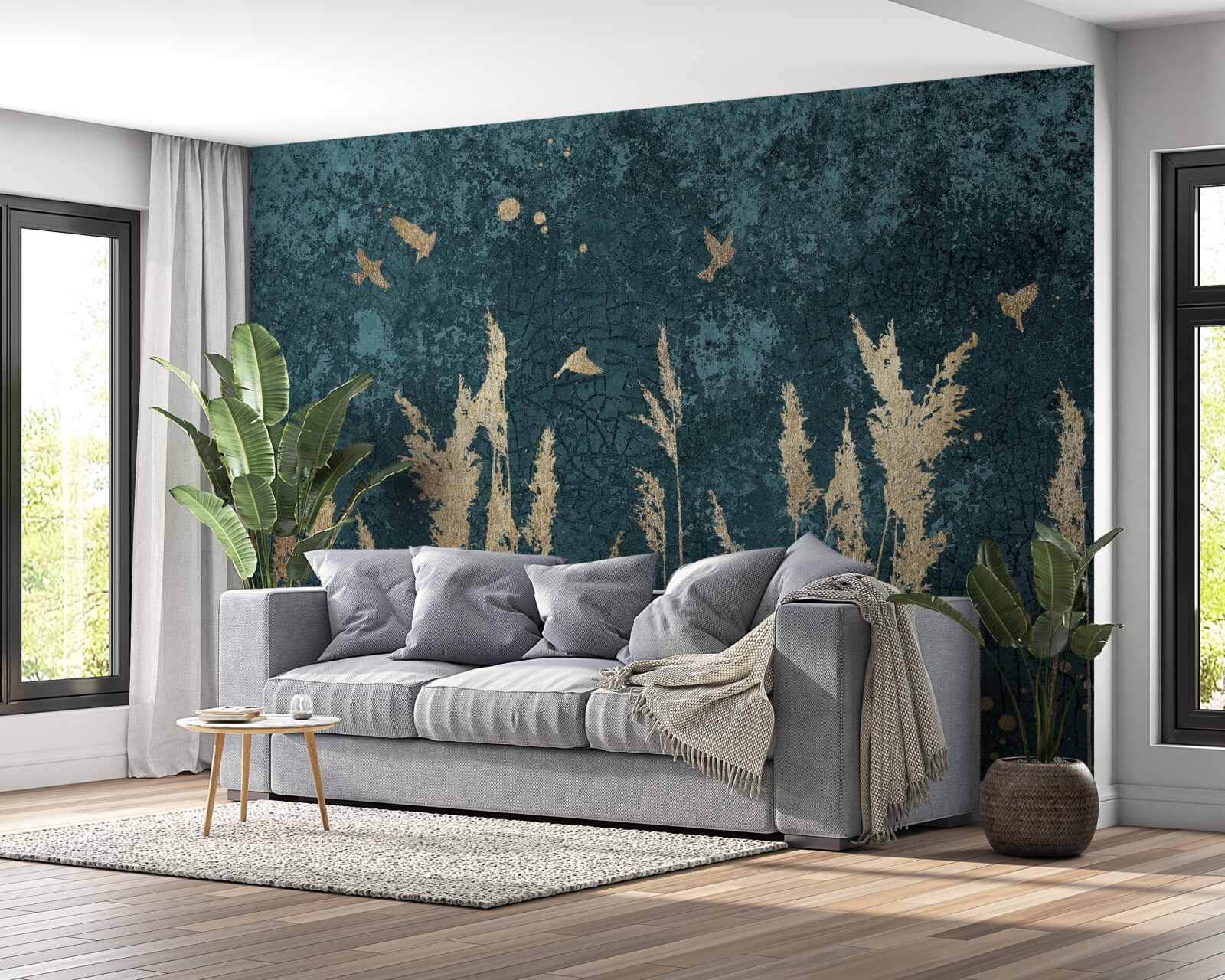 Fototapet seara, păsările zboară pe pajiști