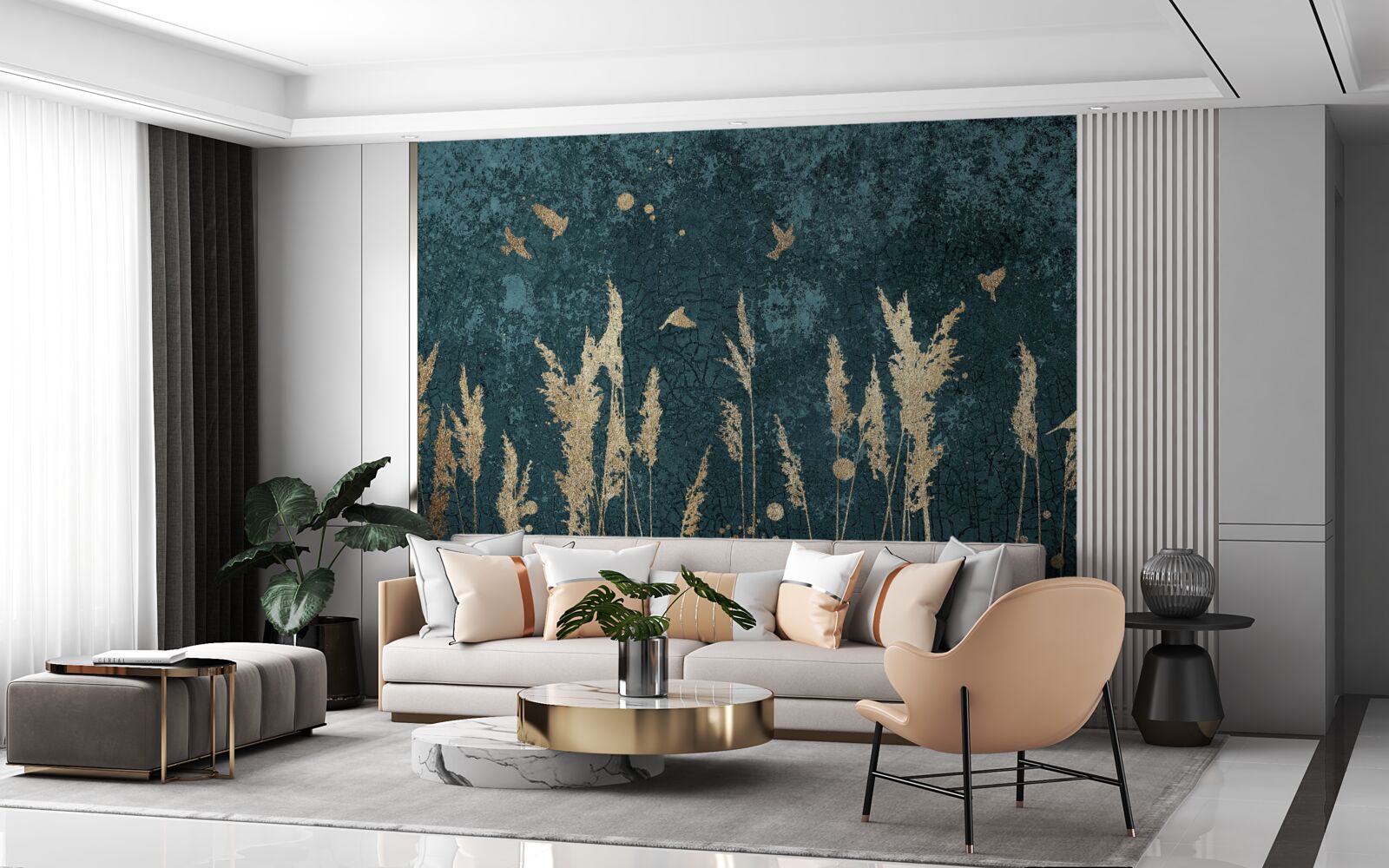 Fototapet seara, păsările zboară pe pajiști